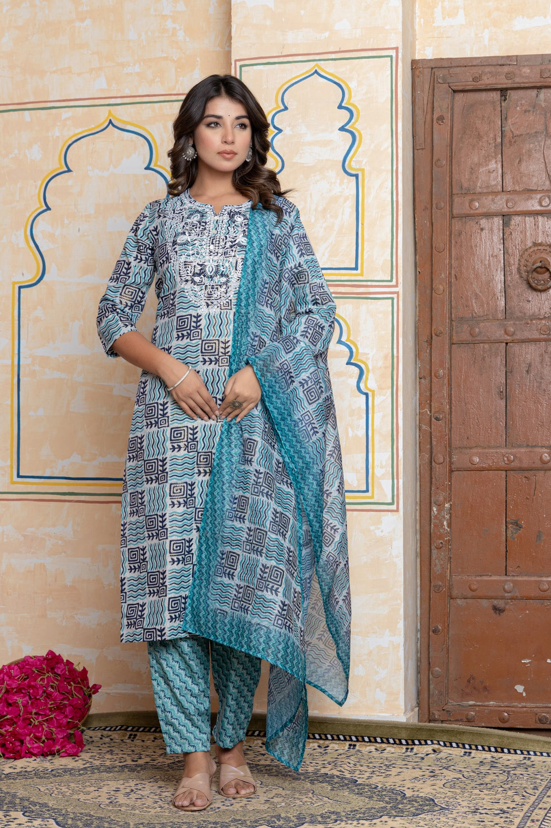 The Navra Indigo Blue & Grey Printed Cotton Kurta Set with Embroidery & Dupatta