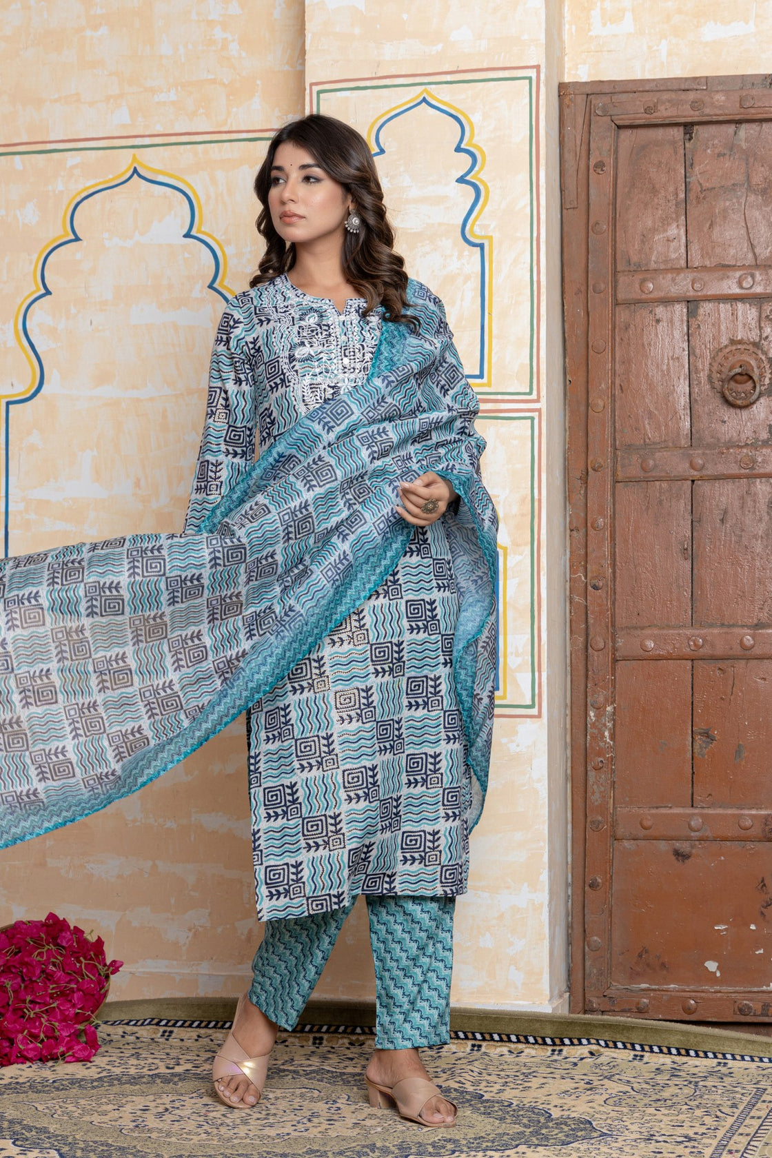The Navra Indigo Blue & Grey Printed Cotton Kurta Set with Embroidery & Dupatta