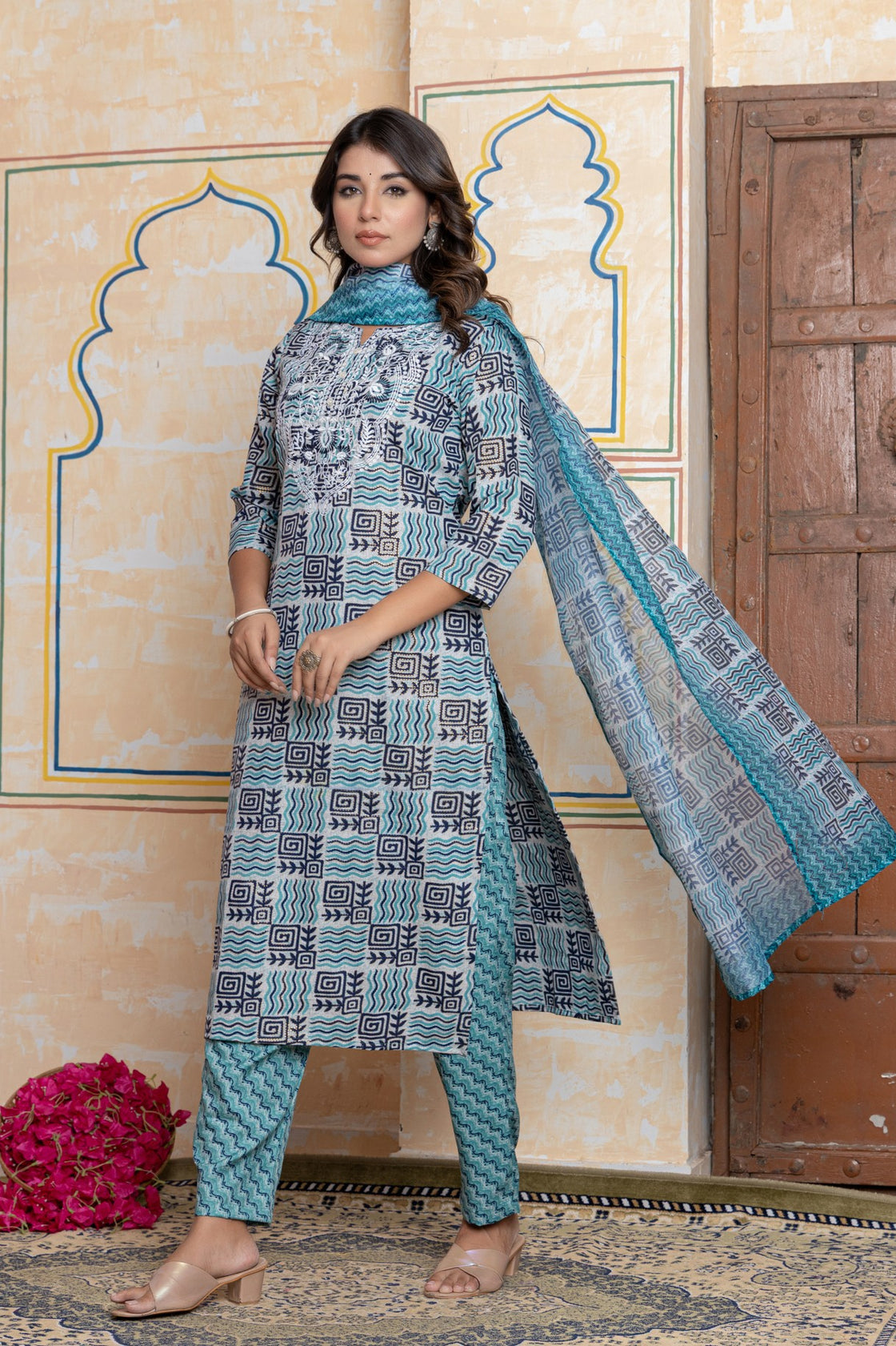 The Navra Indigo Blue & Grey Printed Cotton Kurta Set with Embroidery & Dupatta