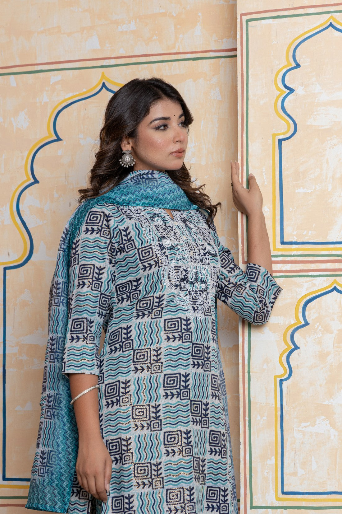 The Navra Indigo Blue & Grey Printed Cotton Kurta Set with Embroidery & Dupatta