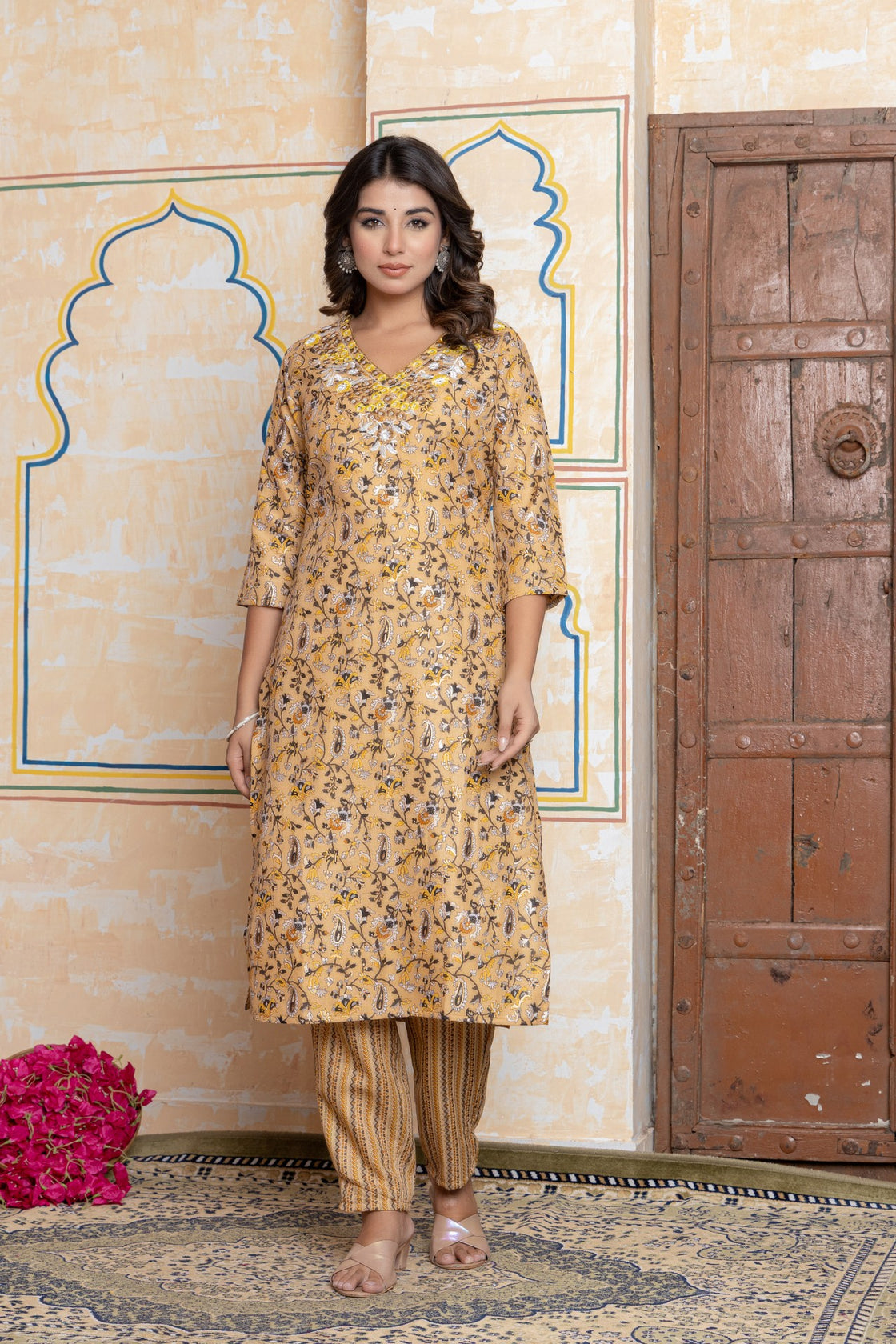 The Navra Mustard & Maroon Printed Cotton Kurta Set with Embroidery & Dupatta