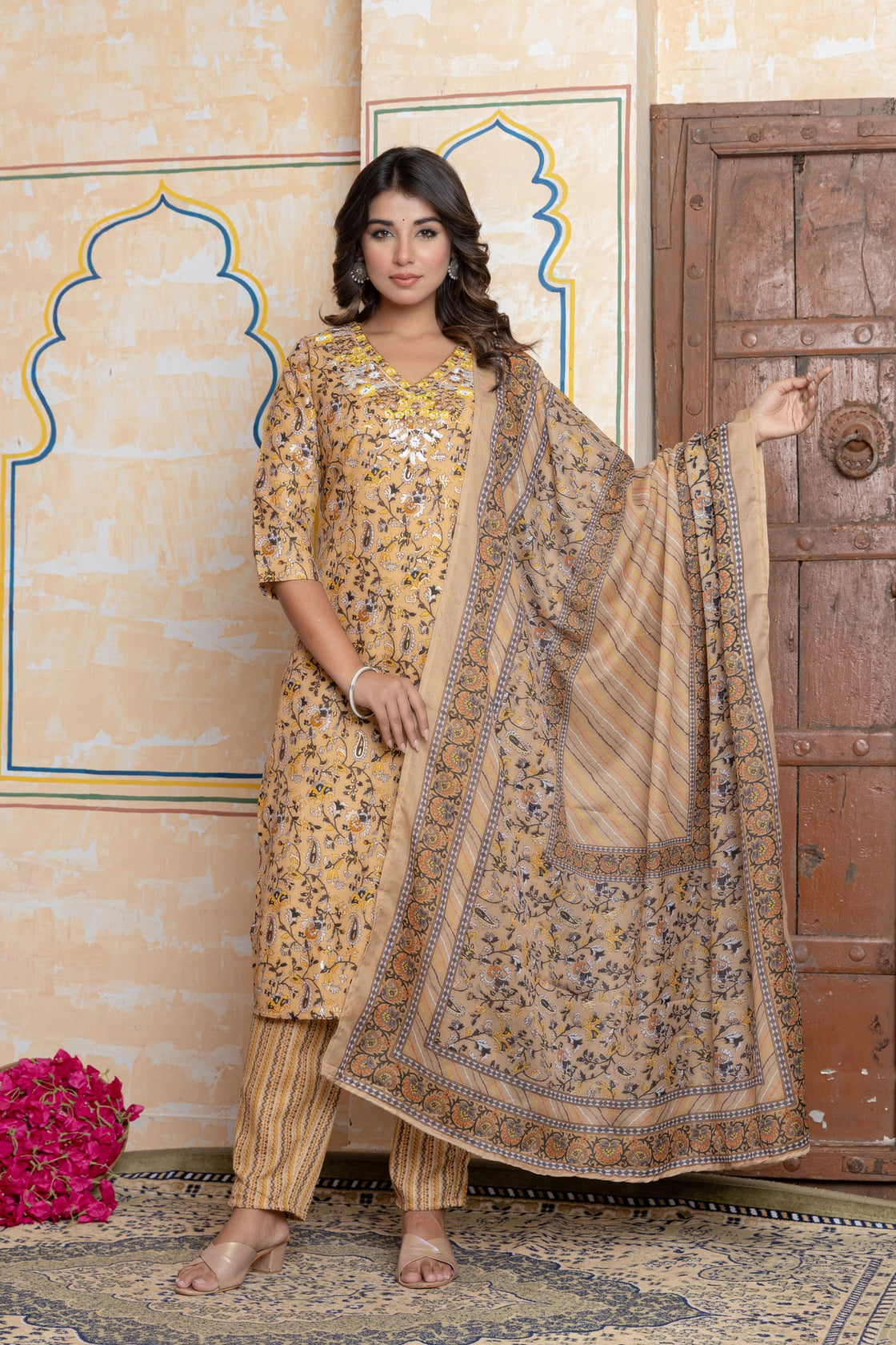 The Navra Mustard & Maroon Printed Cotton Kurta Set with Embroidery & Dupatta