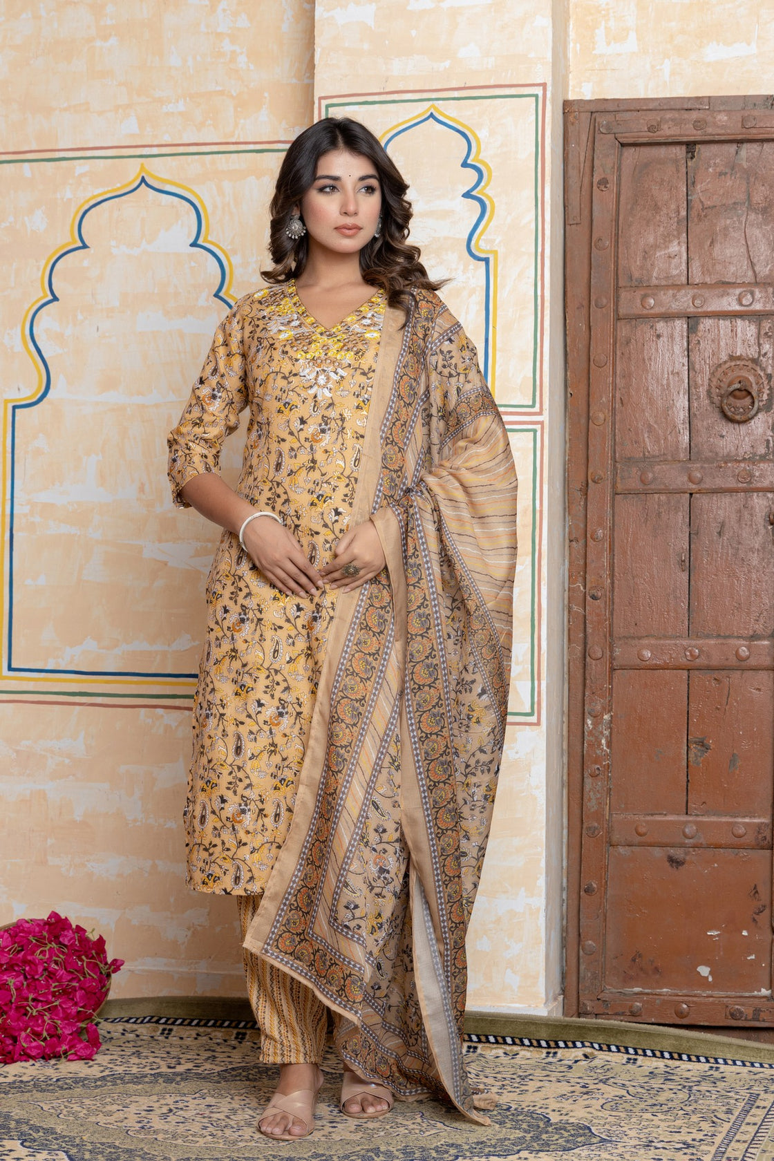 The Navra Mustard & Maroon Printed Cotton Kurta Set with Embroidery & Dupatta