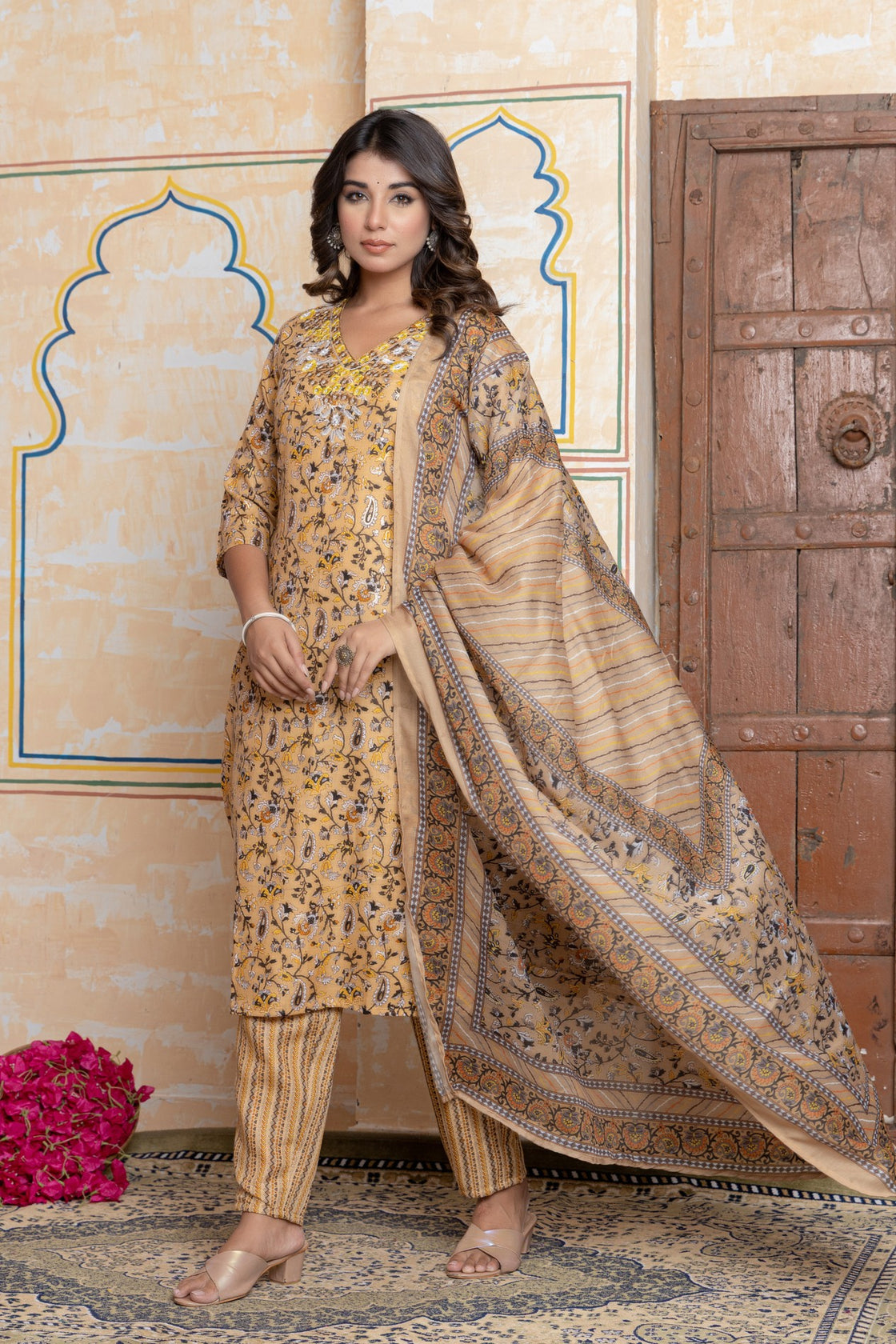 The Navra Mustard & Maroon Printed Cotton Kurta Set with Embroidery & Dupatta