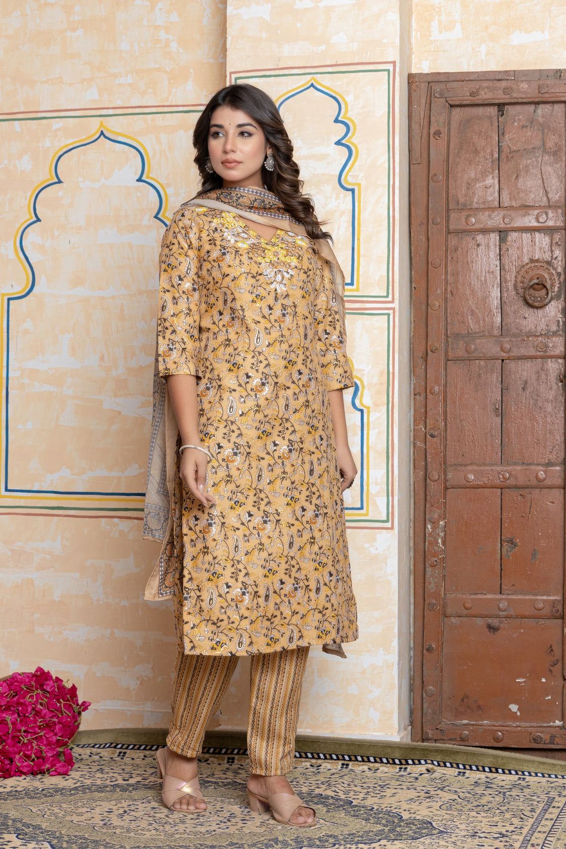 The Navra Mustard & Maroon Printed Cotton Kurta Set with Embroidery & Dupatta