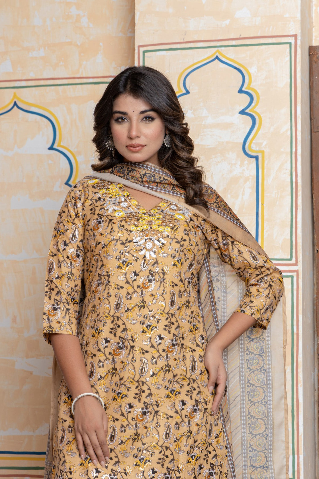 The Navra Mustard & Maroon Printed Cotton Kurta Set with Embroidery & Dupatta
