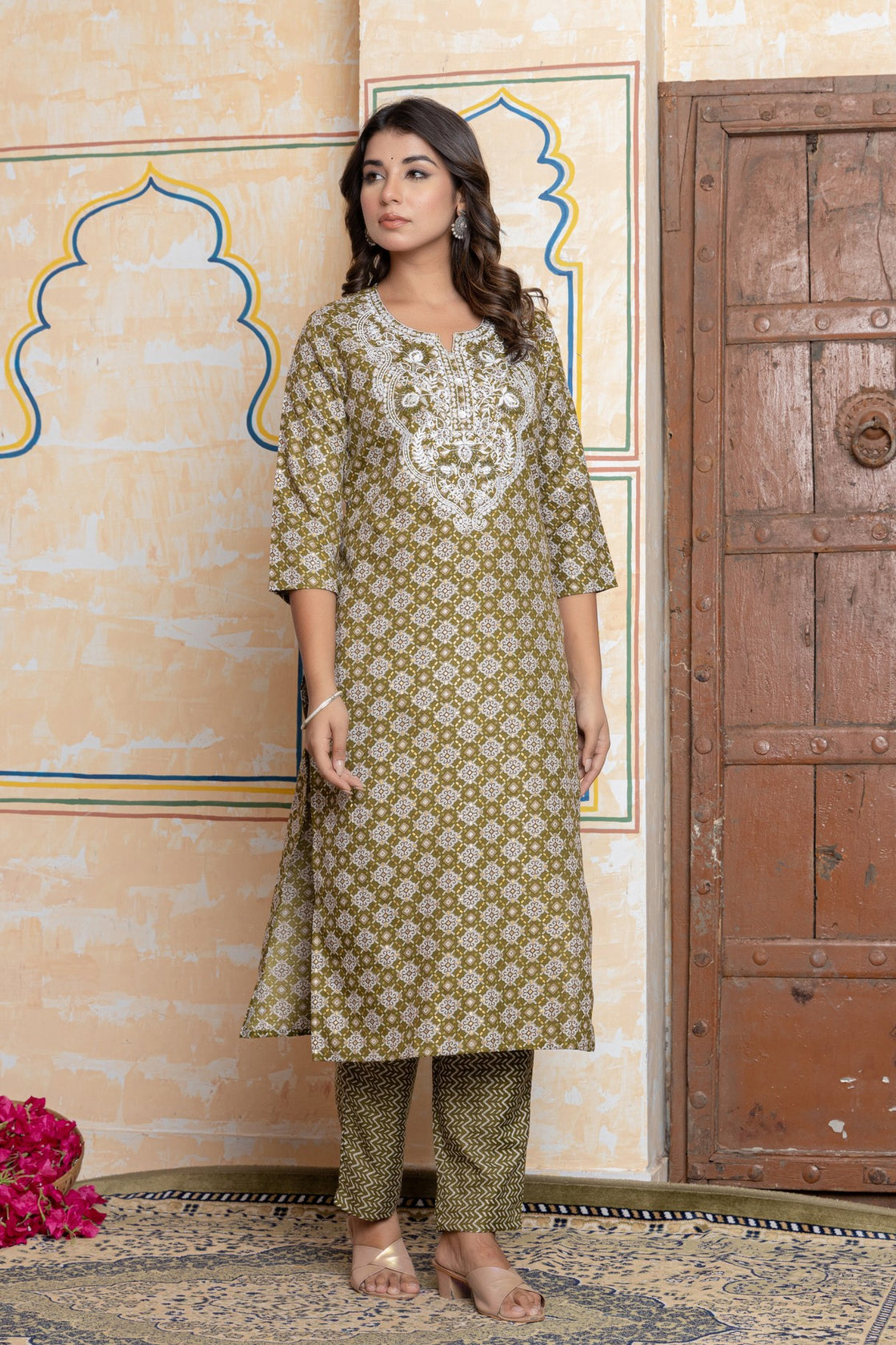 The Navra Olive Green Printed Cotton Kurta Set with Embroidery