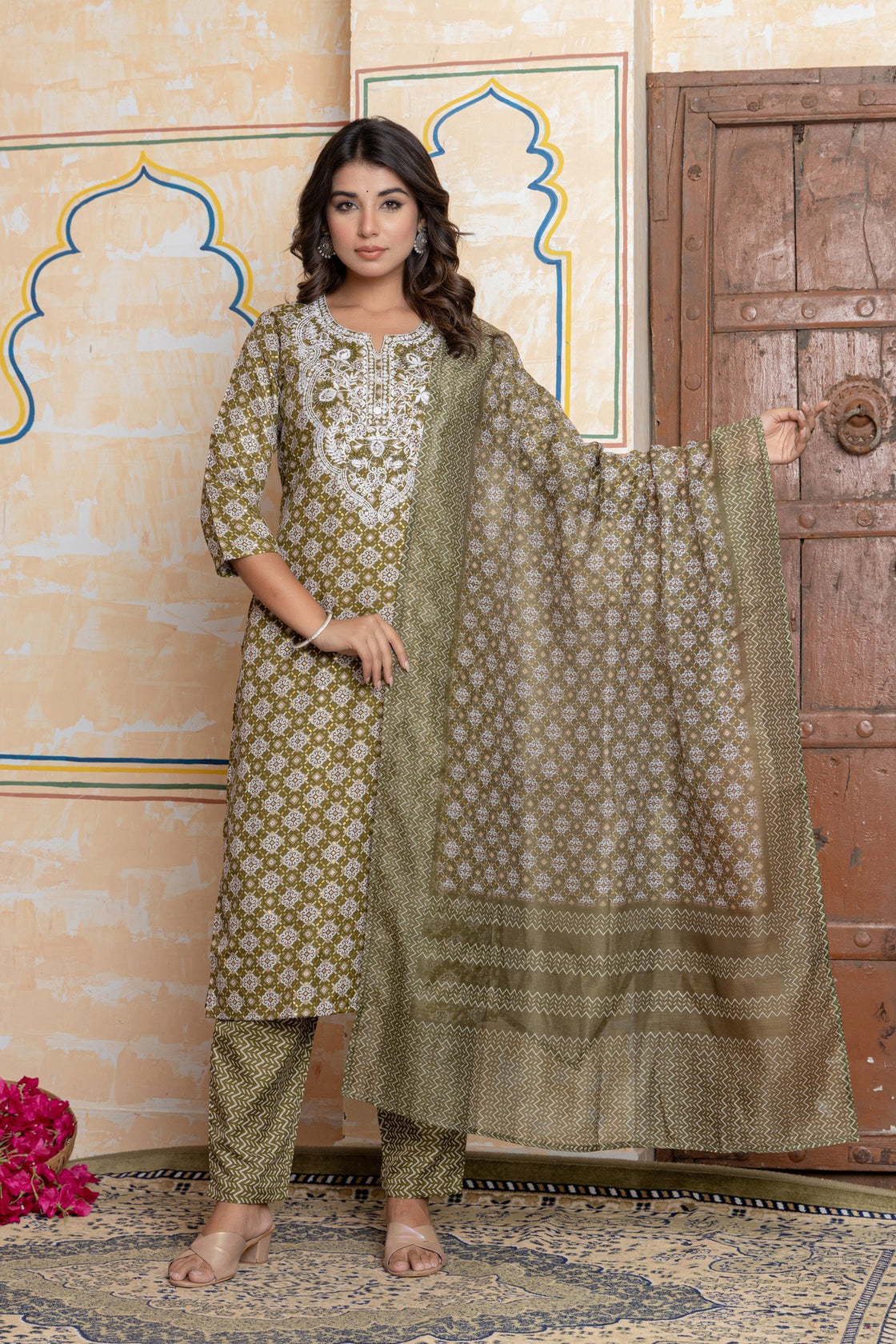 The Navra Olive Green Printed Cotton Kurta Set with Embroidery