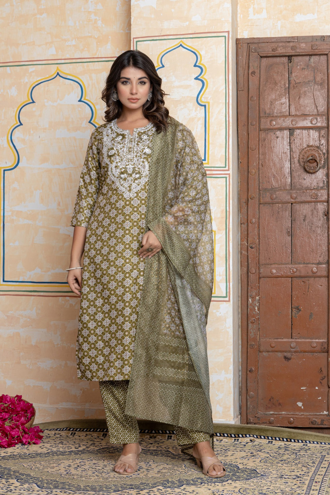 The Navra Olive Green Printed Cotton Kurta Set with Embroidery
