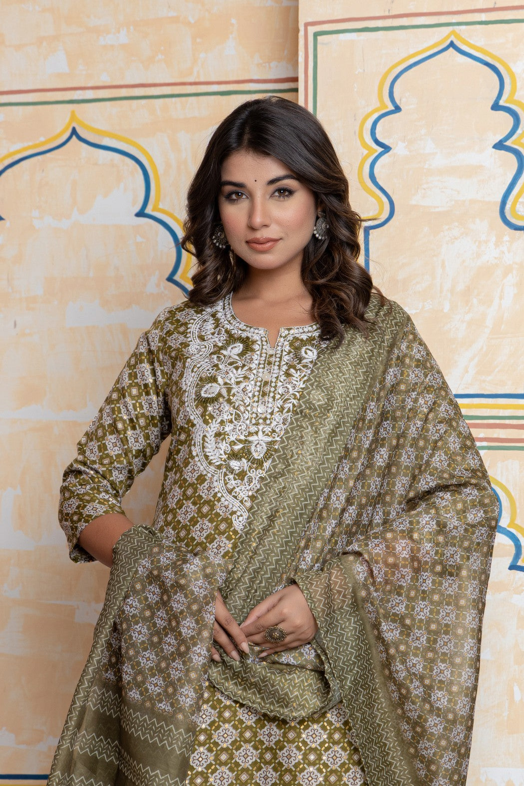 The Navra Olive Green Printed Cotton Kurta Set with Embroidery