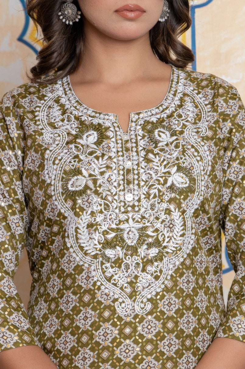 The Navra Olive Green Printed Cotton Kurta Set with Embroidery