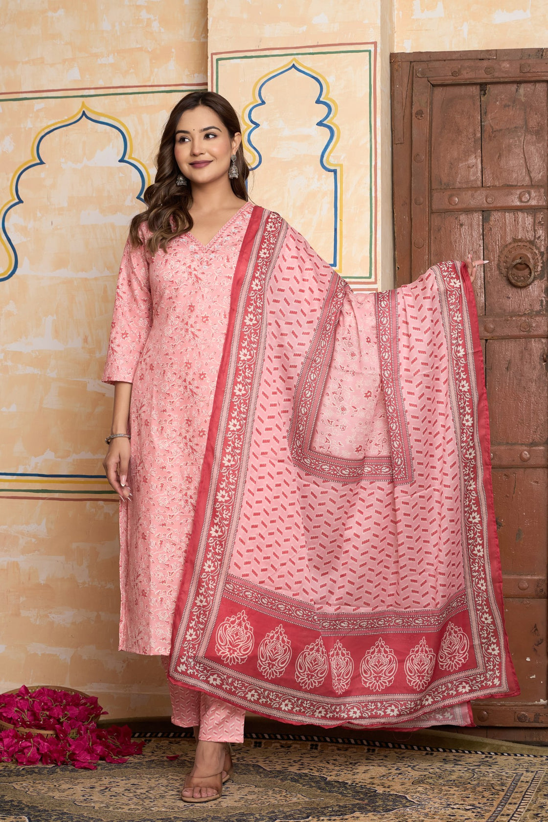The Navra Peach Pink Printed Cotton Kurta Set with Statement Dupatta