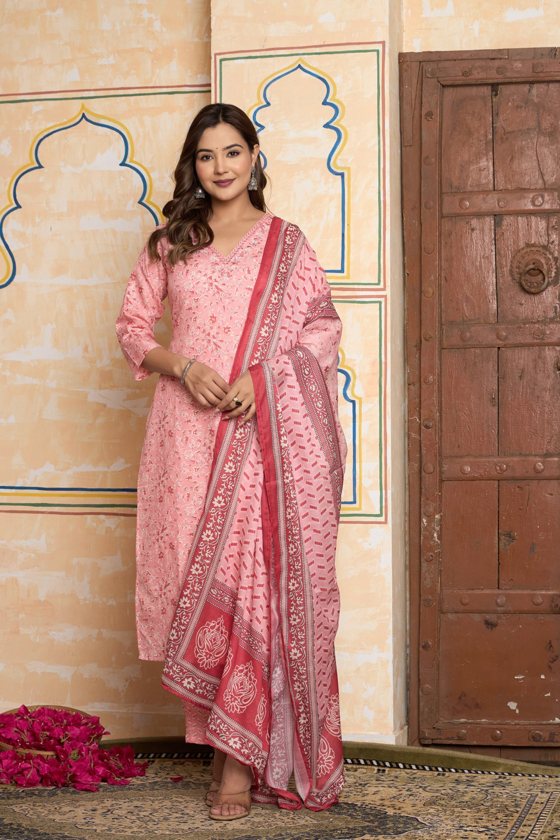 The Navra Peach Pink Printed Cotton Kurta Set with Statement Dupatta
