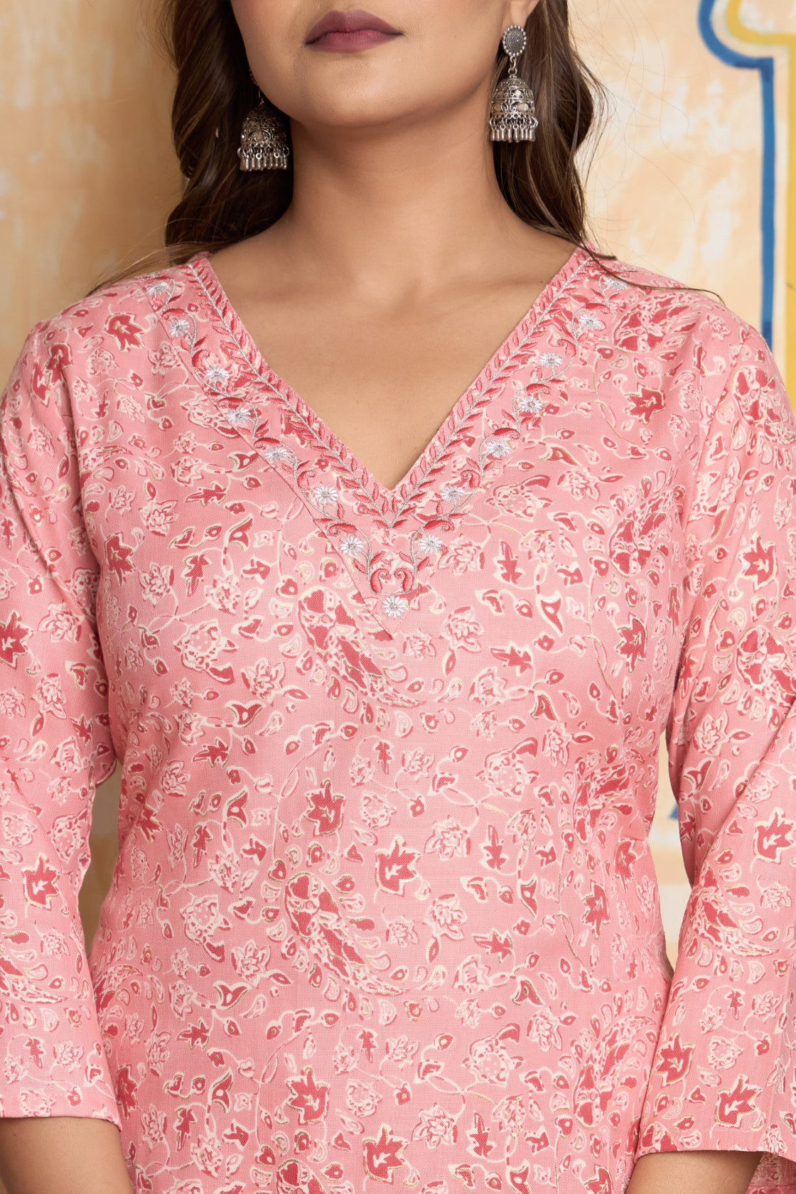 The Navra Peach Pink Printed Cotton Kurta Set with Statement Dupatta