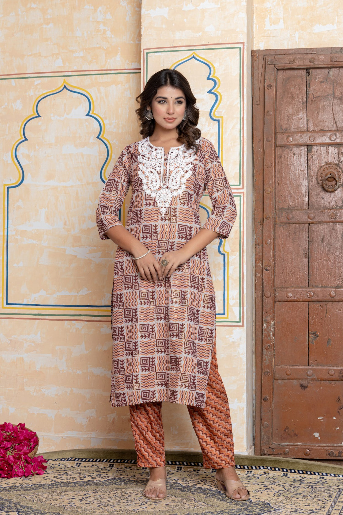 The Navra Rust Orange & Maroon Printed Cotton Kurta Set with Embroidery