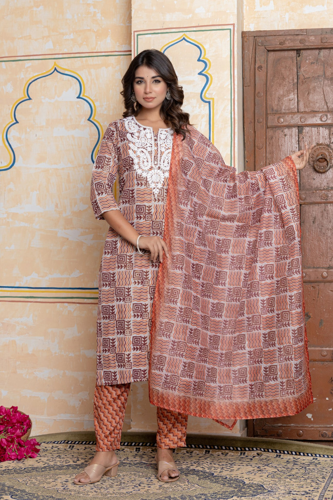The Navra Rust Orange & Maroon Printed Cotton Kurta Set with Embroidery
