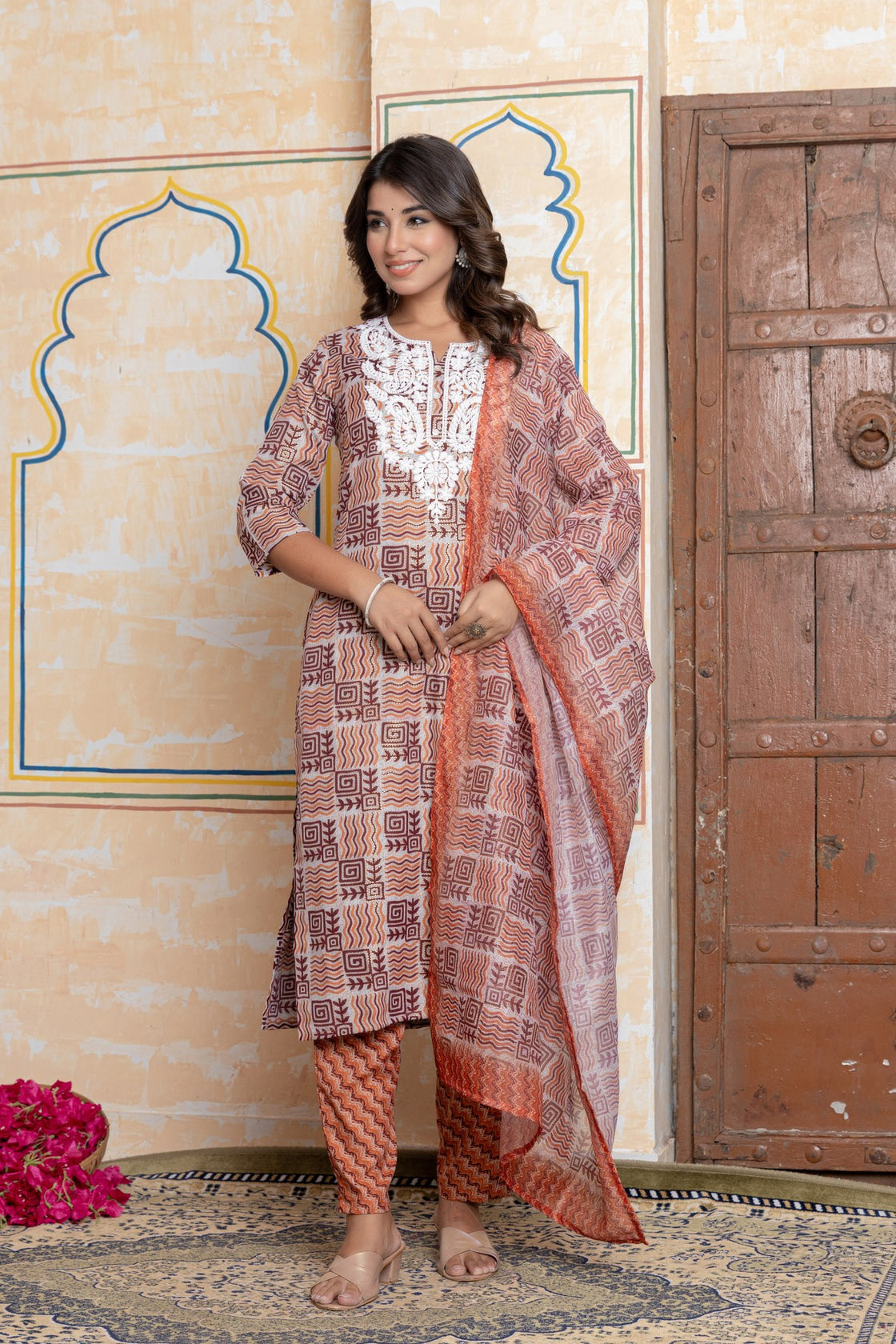 The Navra Rust Orange & Maroon Printed Cotton Kurta Set with Embroidery