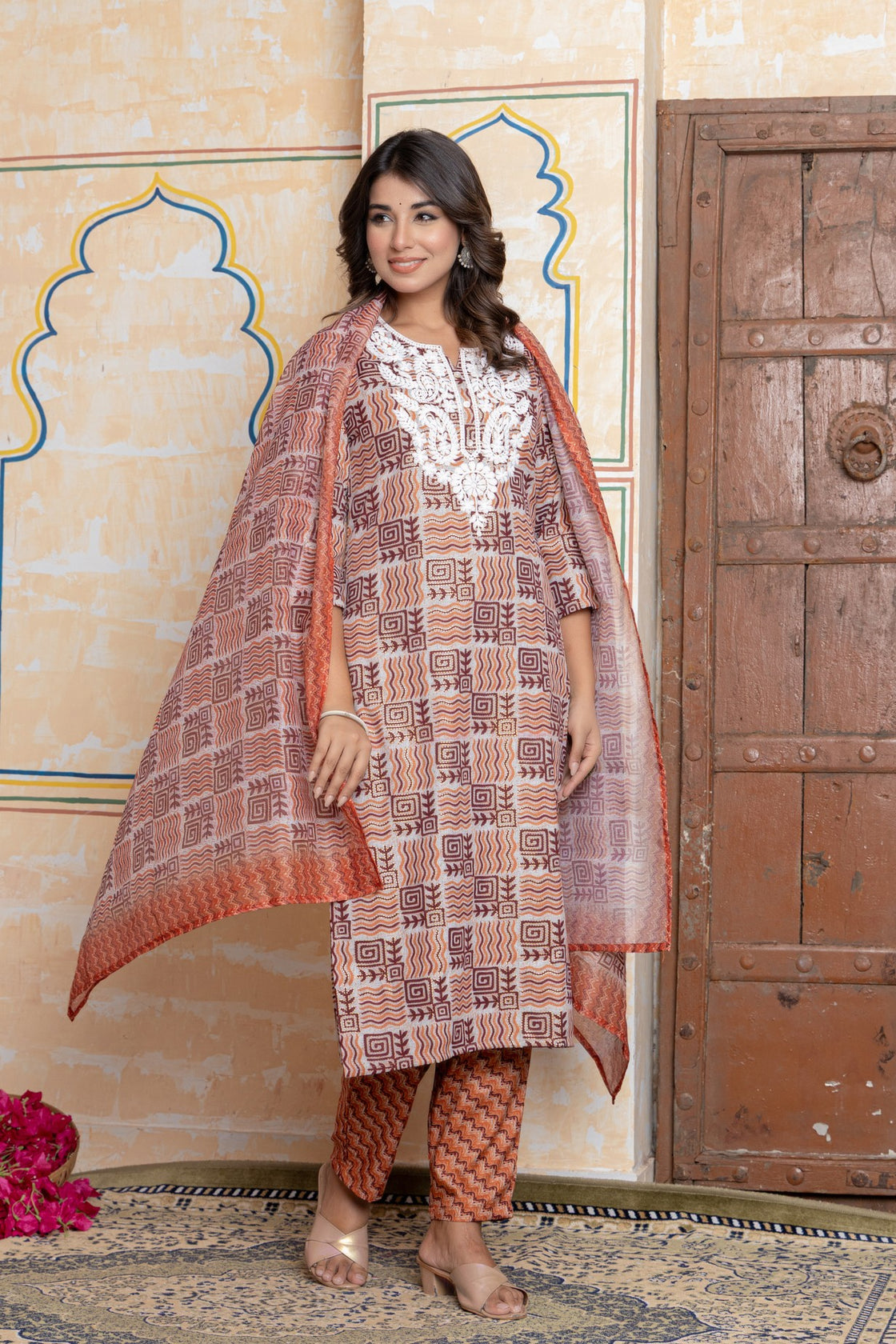 The Navra Rust Orange & Maroon Printed Cotton Kurta Set with Embroidery