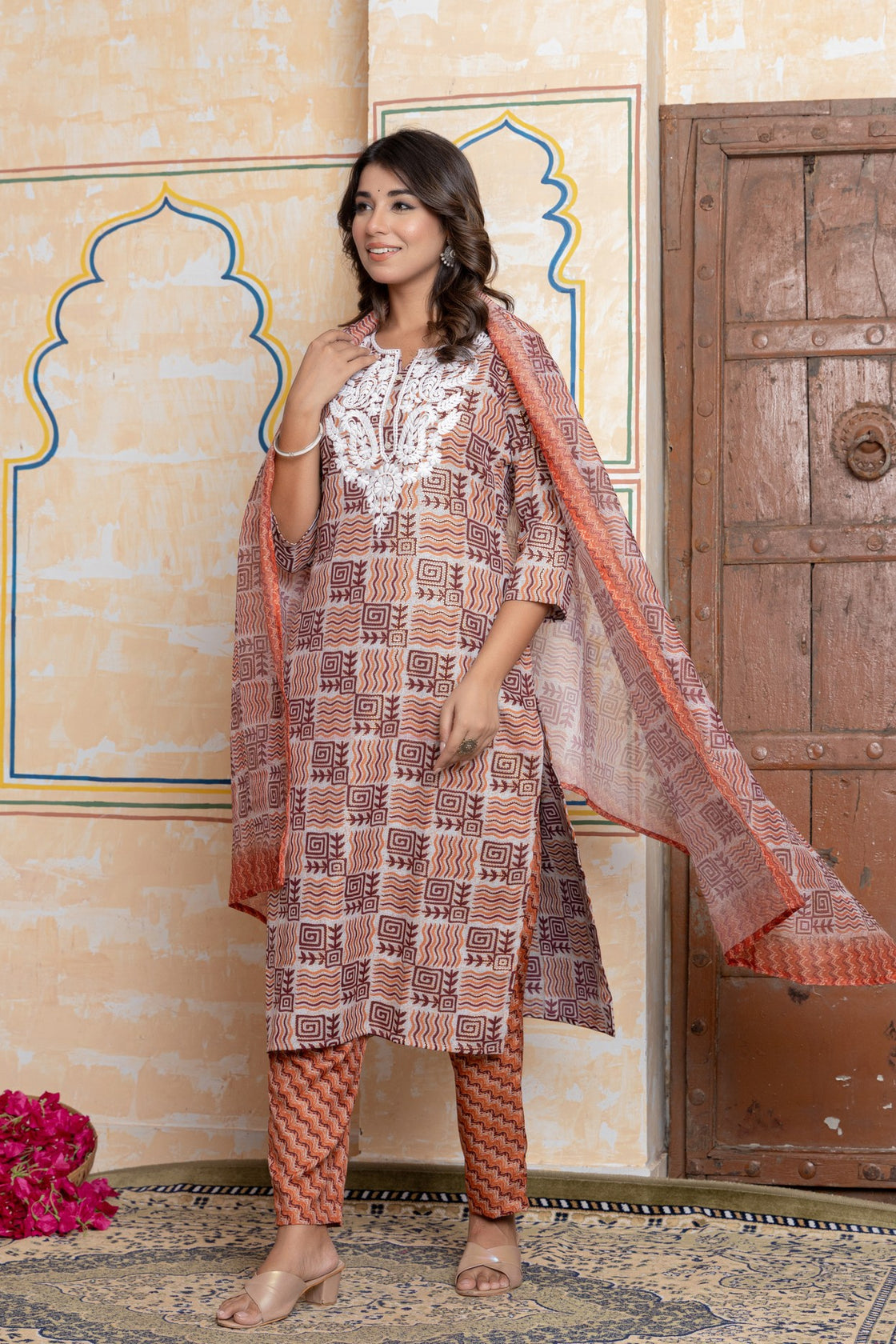 The Navra Rust Orange & Maroon Printed Cotton Kurta Set with Embroidery