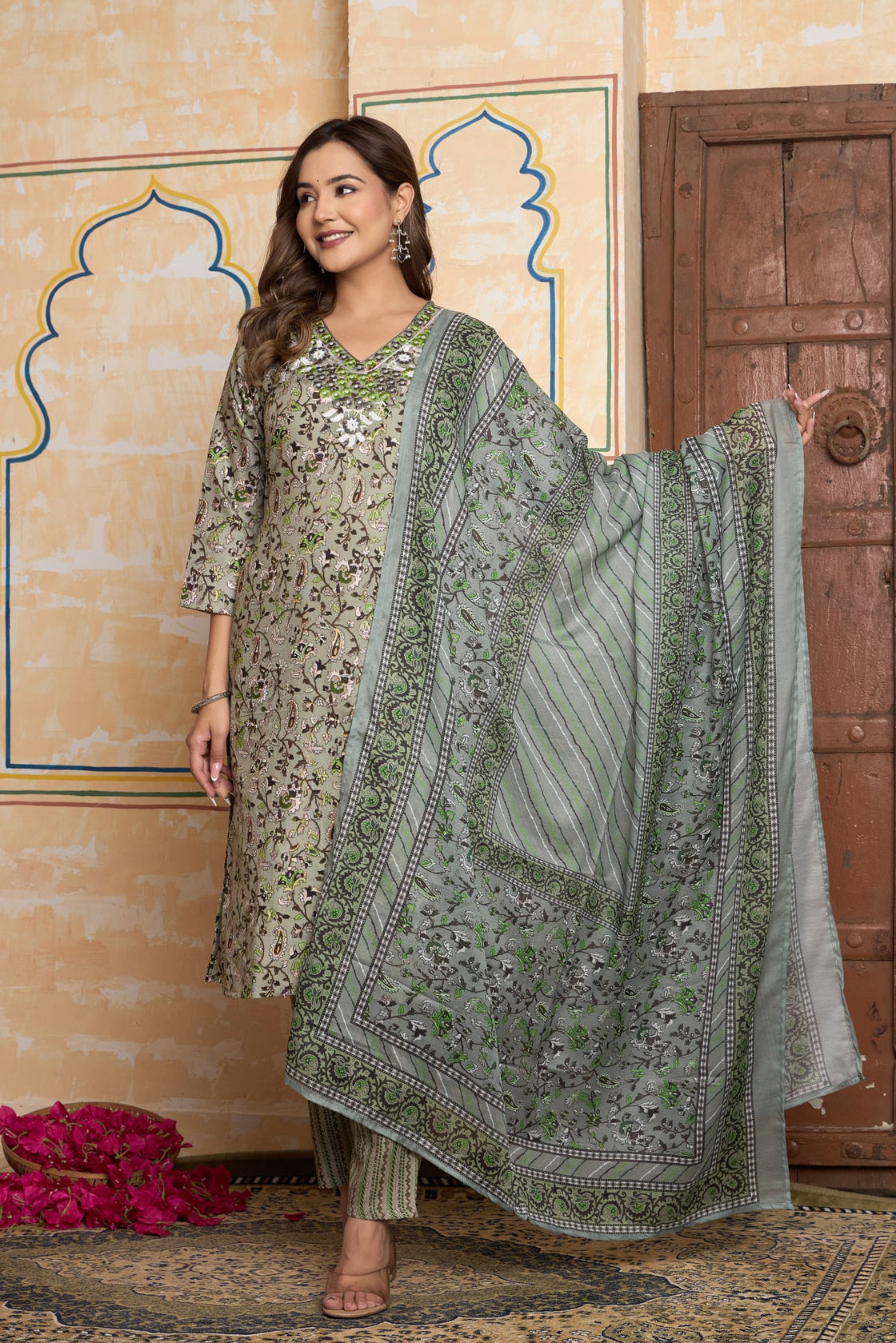 The Navra Sage Green & Beige Cotton Kurta Set with Embroidery