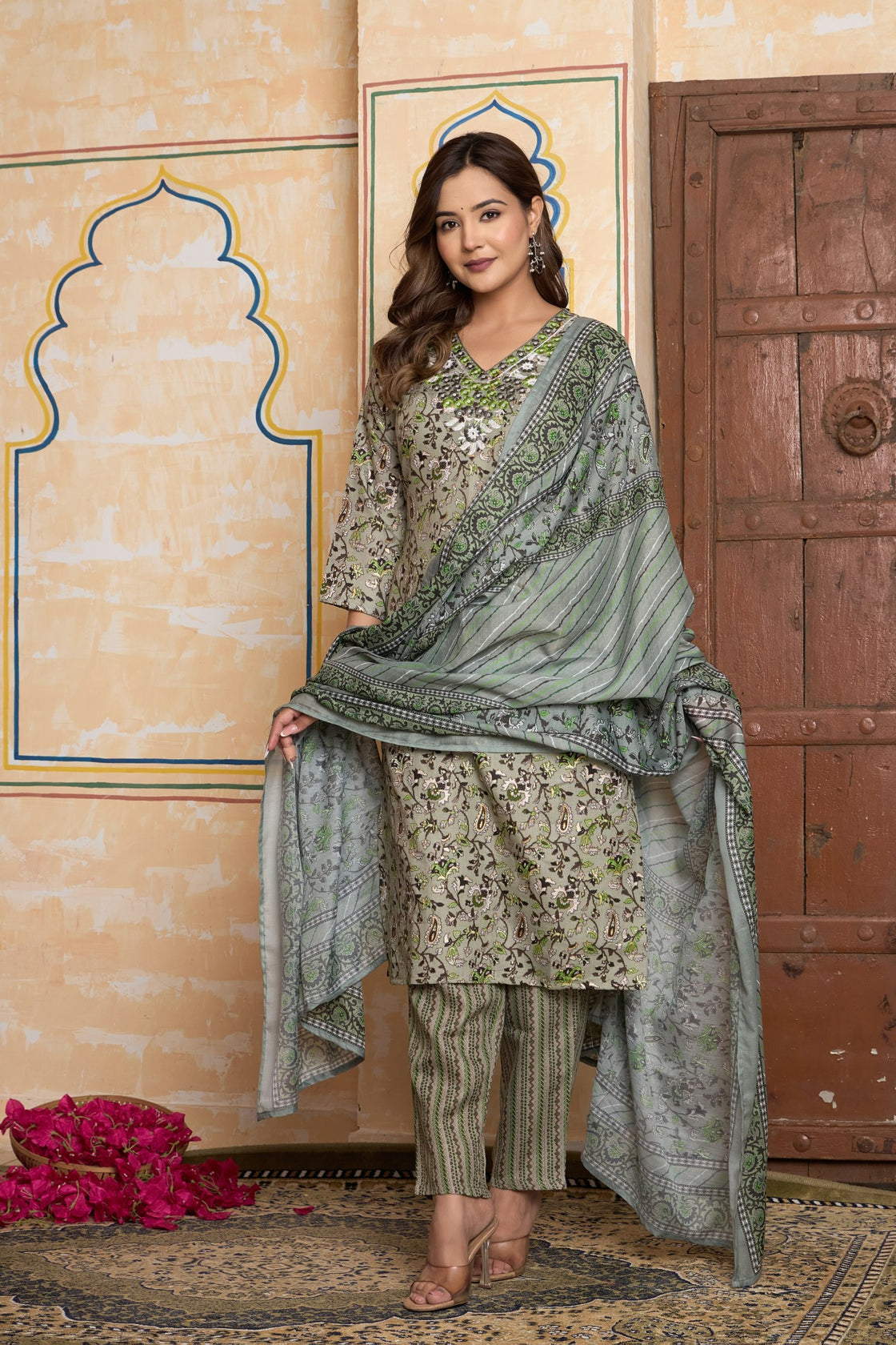 The Navra Sage Green & Beige Cotton Kurta Set with Embroidery