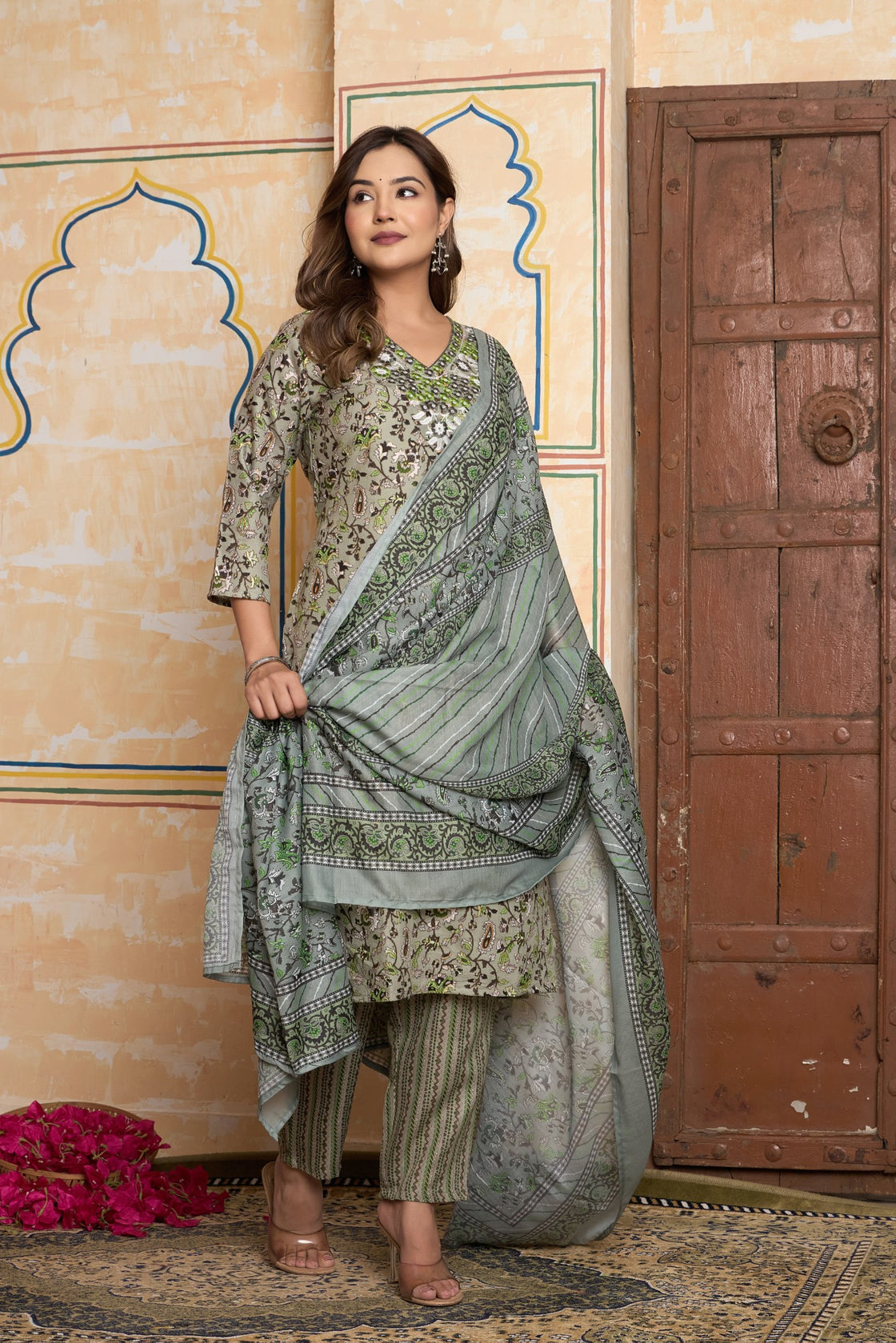 The Navra Sage Green & Beige Cotton Kurta Set with Embroidery