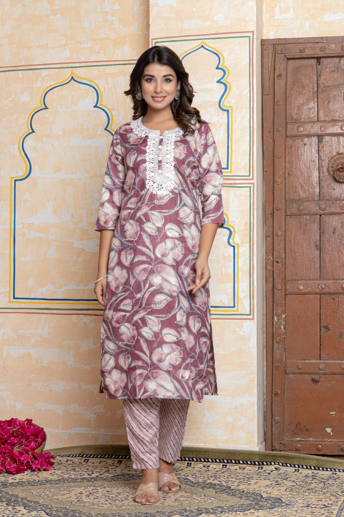 The Navra Purple Floral & Leheriya Print Cotton Kurta Set with Lace Embroidery