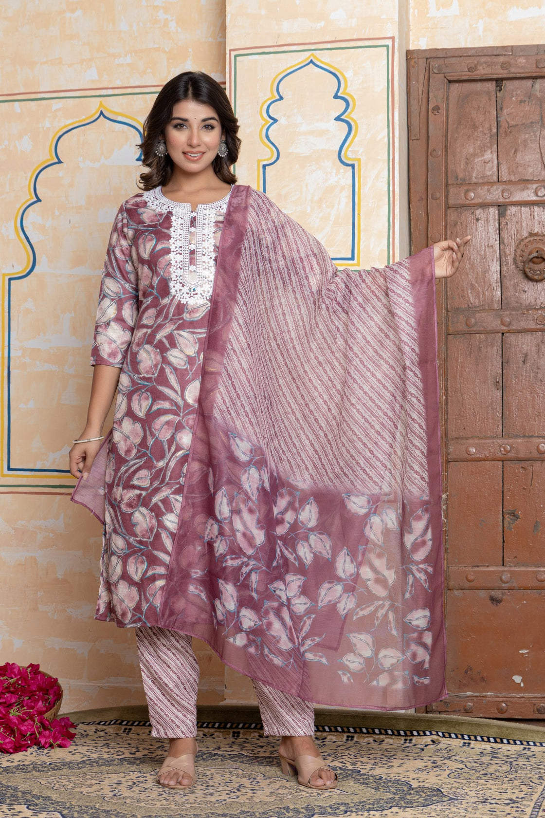 The Navra Purple Floral & Leheriya Print Cotton Kurta Set with Lace Embroidery