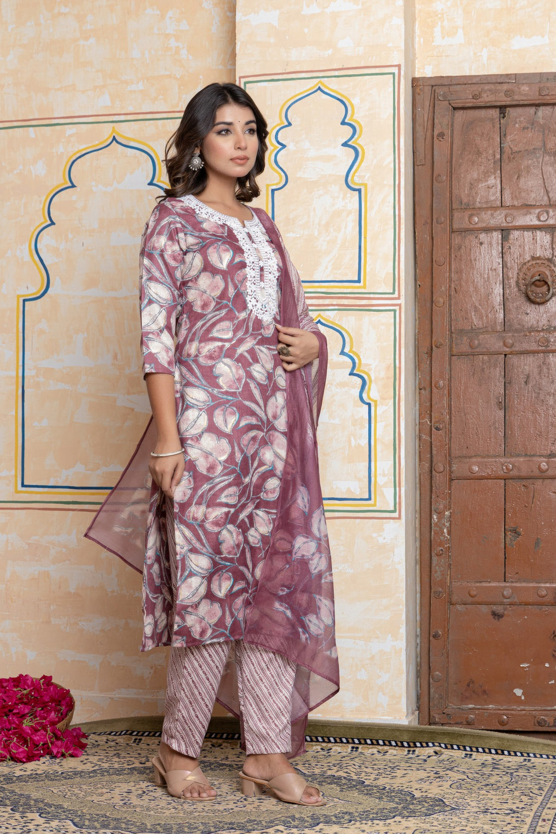 The Navra Purple Floral & Leheriya Print Cotton Kurta Set with Lace Embroidery