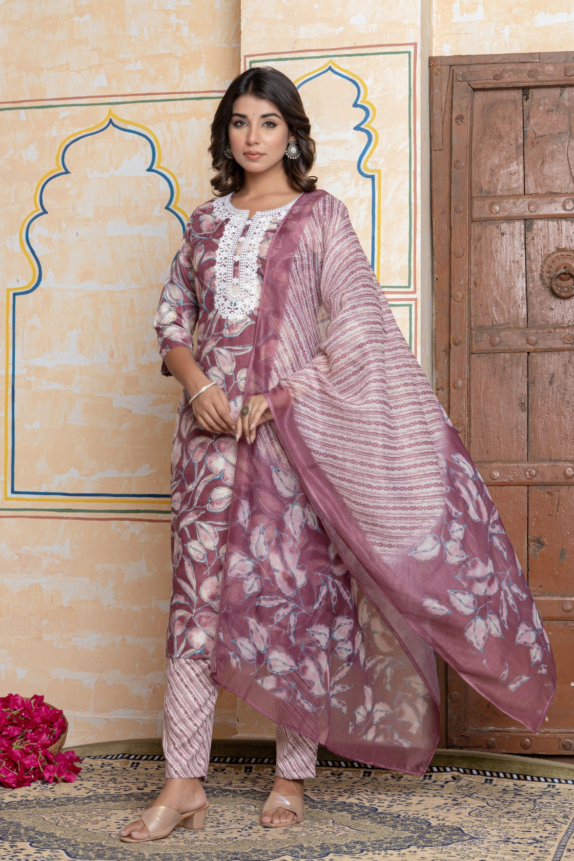 The Navra Purple Floral & Leheriya Print Cotton Kurta Set with Lace Embroidery