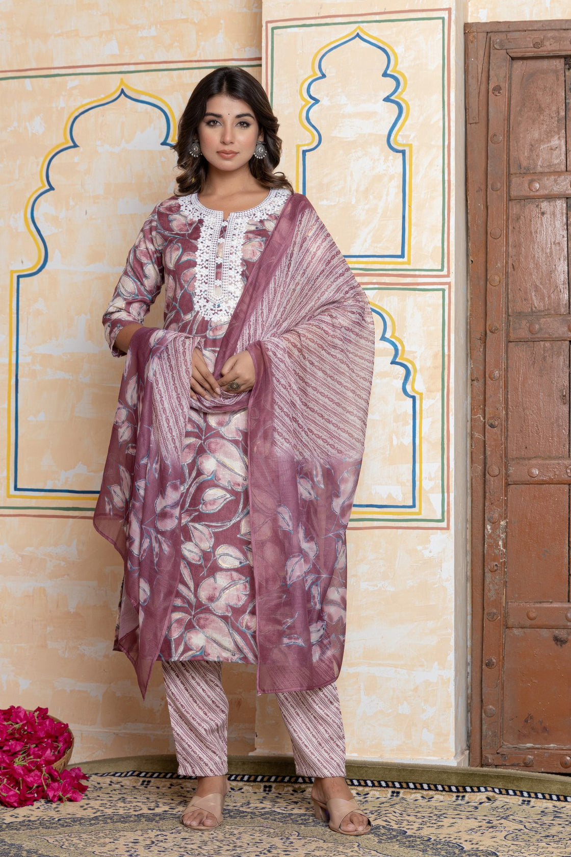 The Navra Purple Floral & Leheriya Print Cotton Kurta Set with Lace Embroidery