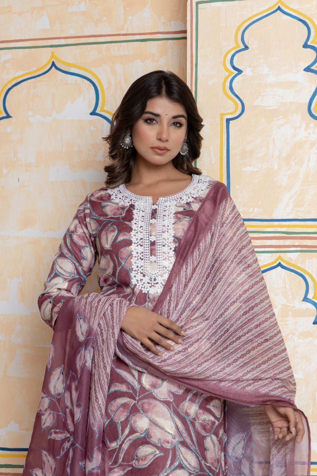 The Navra Purple Floral & Leheriya Print Cotton Kurta Set with Lace Embroidery