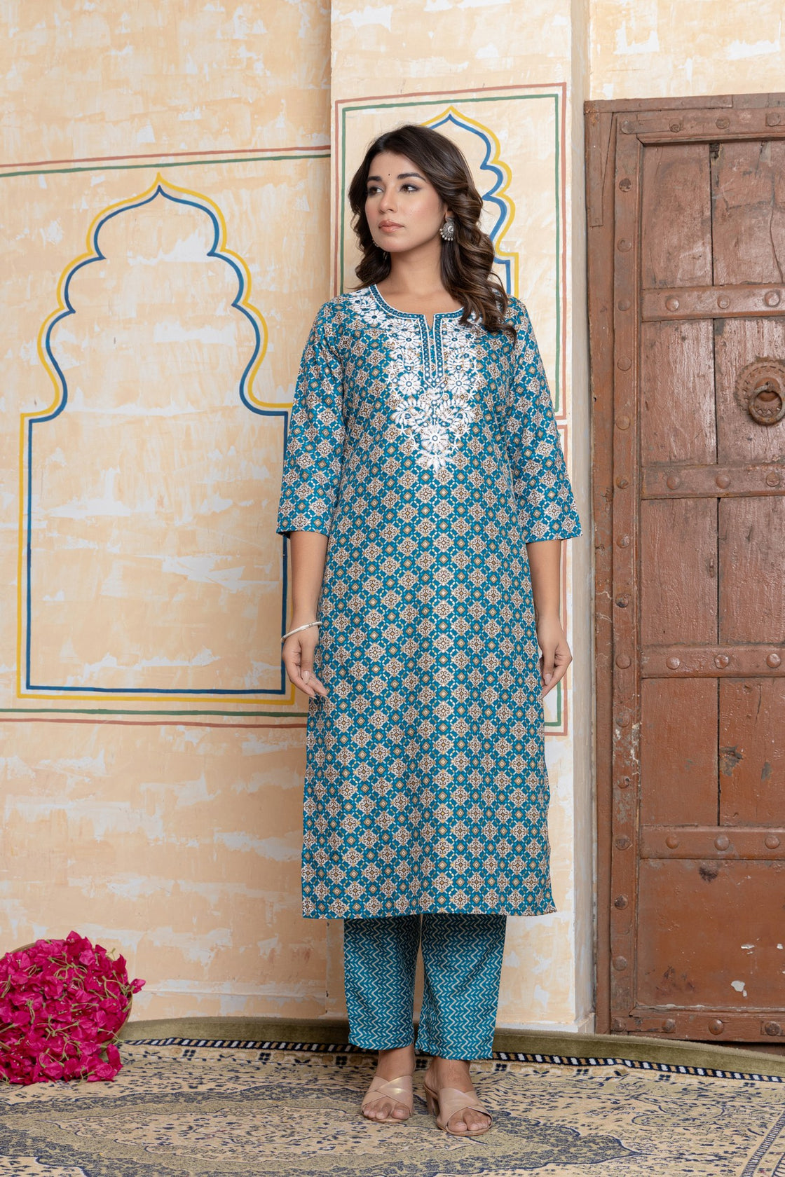The Navra Teal Blue Cotton Kurta Set with Embroidery & Dupatta