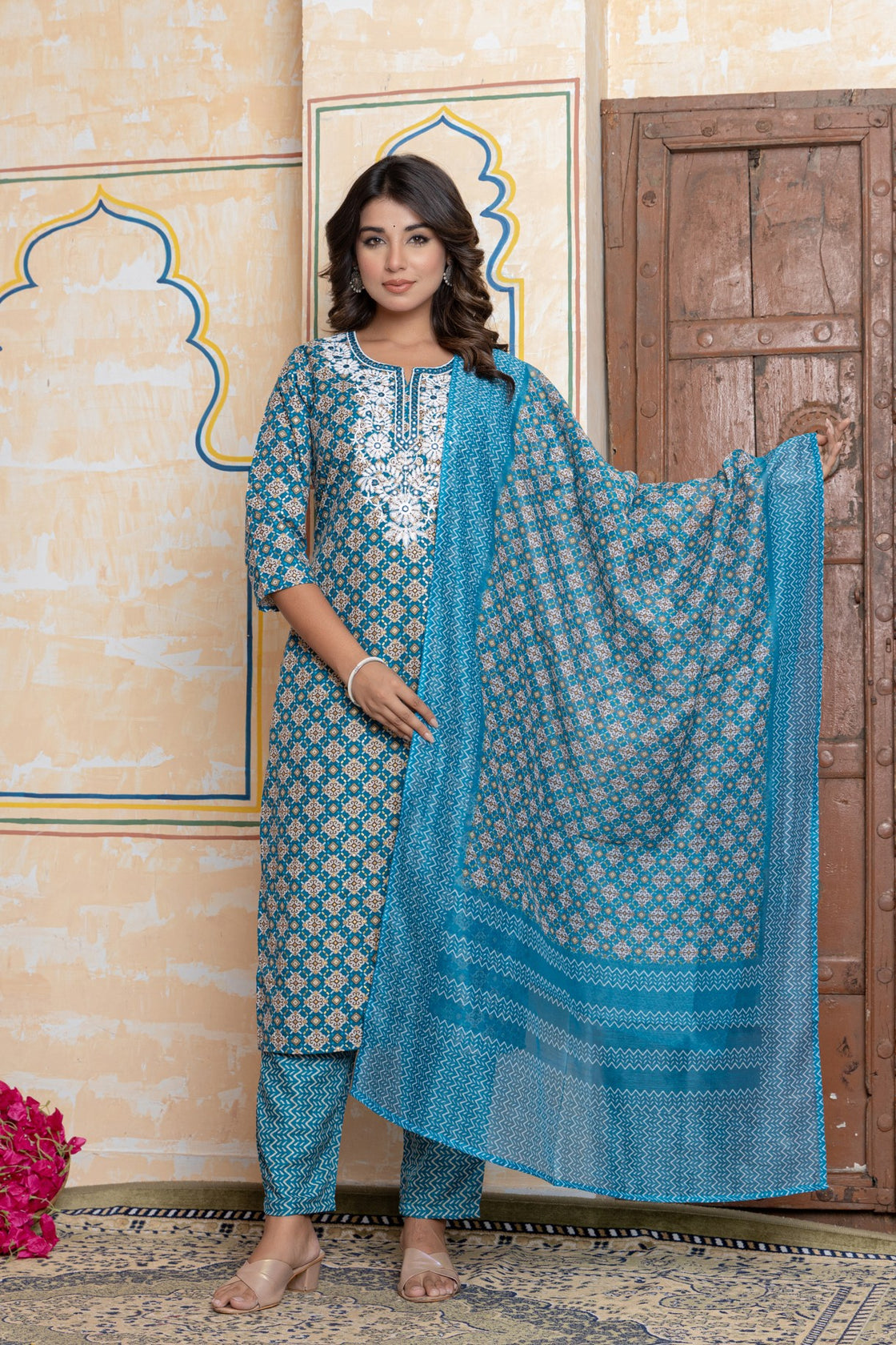 The Navra Teal Blue Cotton Kurta Set with Embroidery & Dupatta