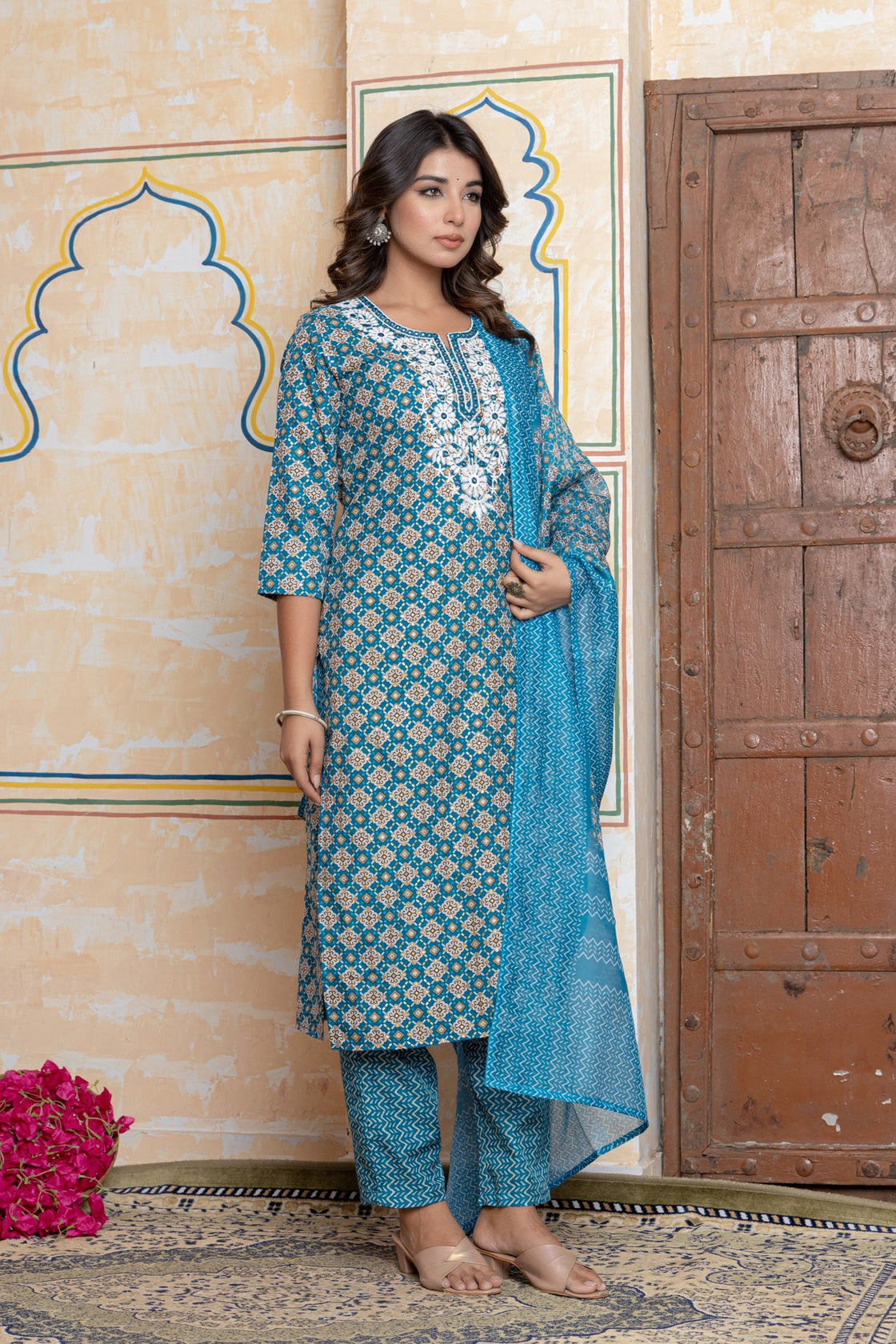 The Navra Teal Blue Cotton Kurta Set with Embroidery & Dupatta