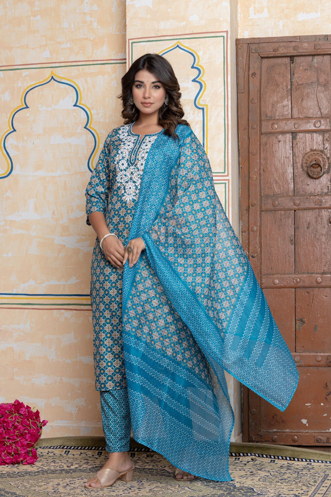 The Navra Teal Blue Cotton Kurta Set with Embroidery & Dupatta