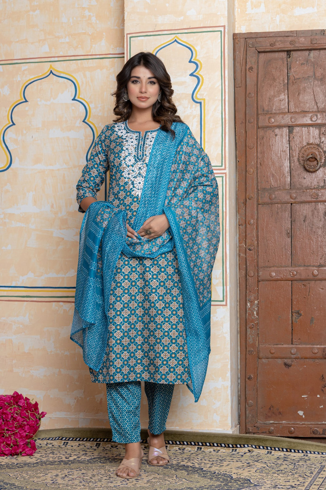 The Navra Teal Blue Cotton Kurta Set with Embroidery & Dupatta