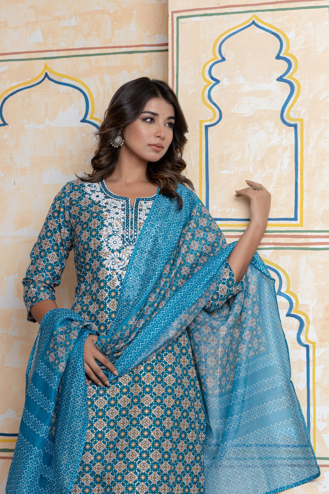 The Navra Teal Blue Cotton Kurta Set with Embroidery & Dupatta