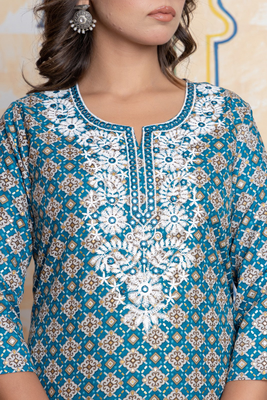 The Navra Teal Blue Cotton Kurta Set with Embroidery & Dupatta