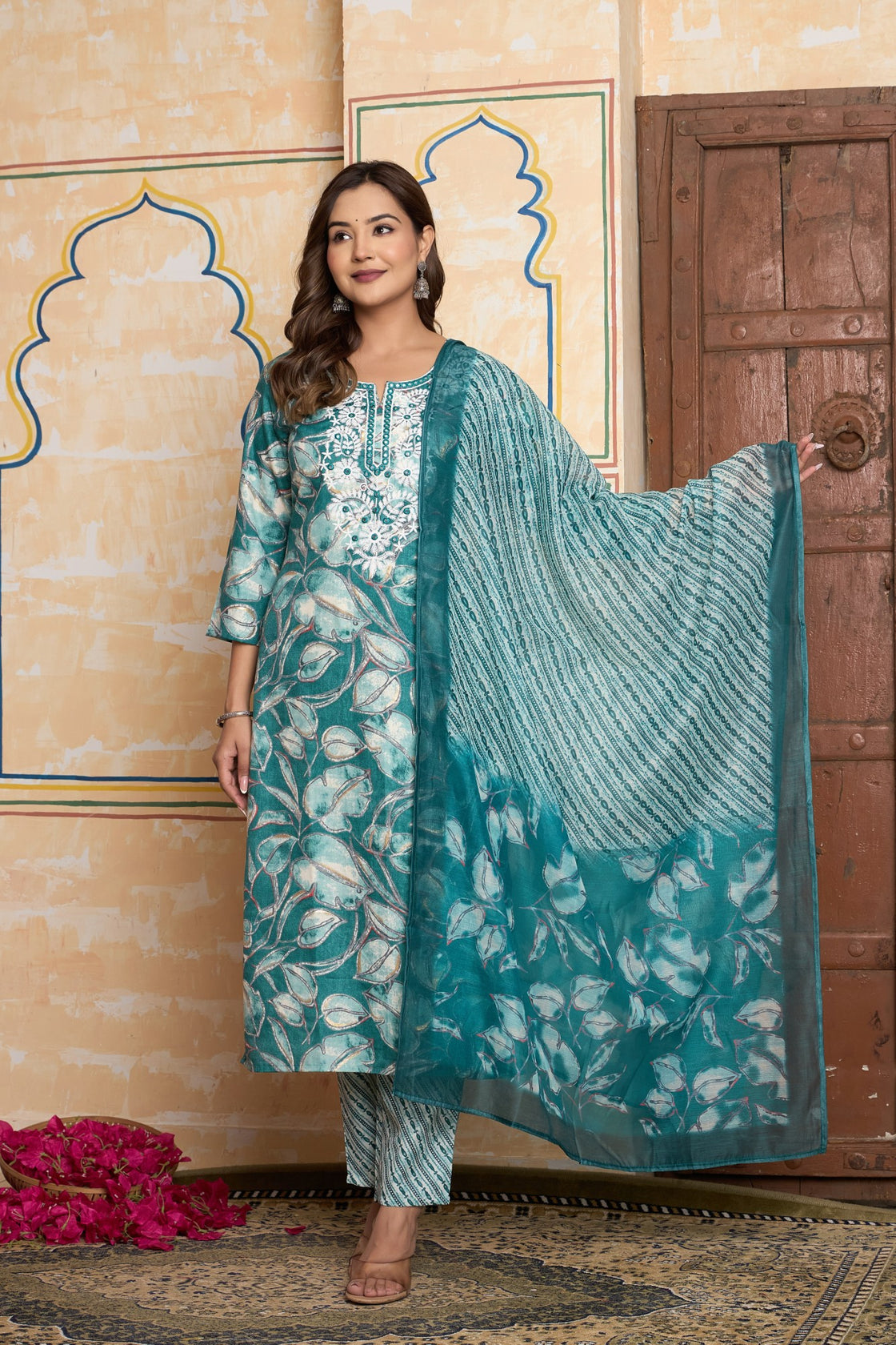 The Navra Teal Green Abstract Floral Chanderi Cotton Kurta Set with Embroidery