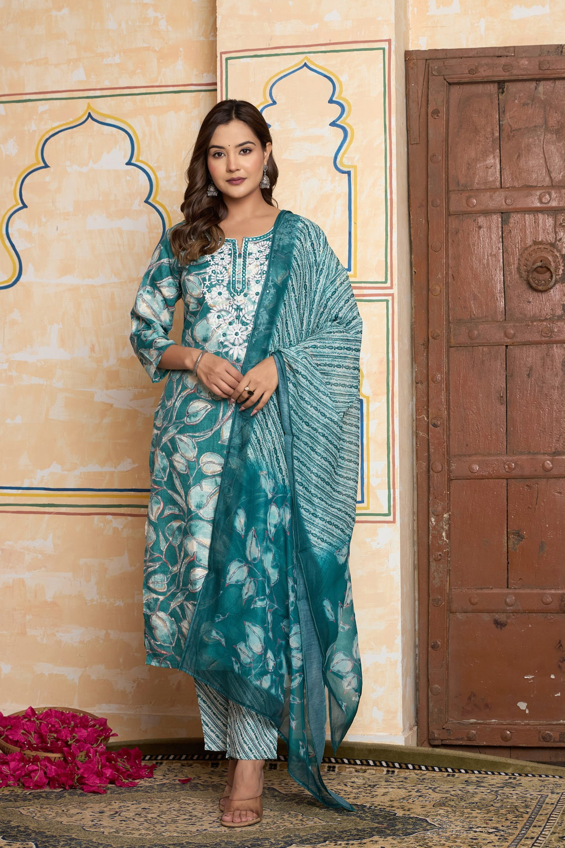 The Navra Teal Green Abstract Floral Chanderi Cotton Kurta Set with Embroidery
