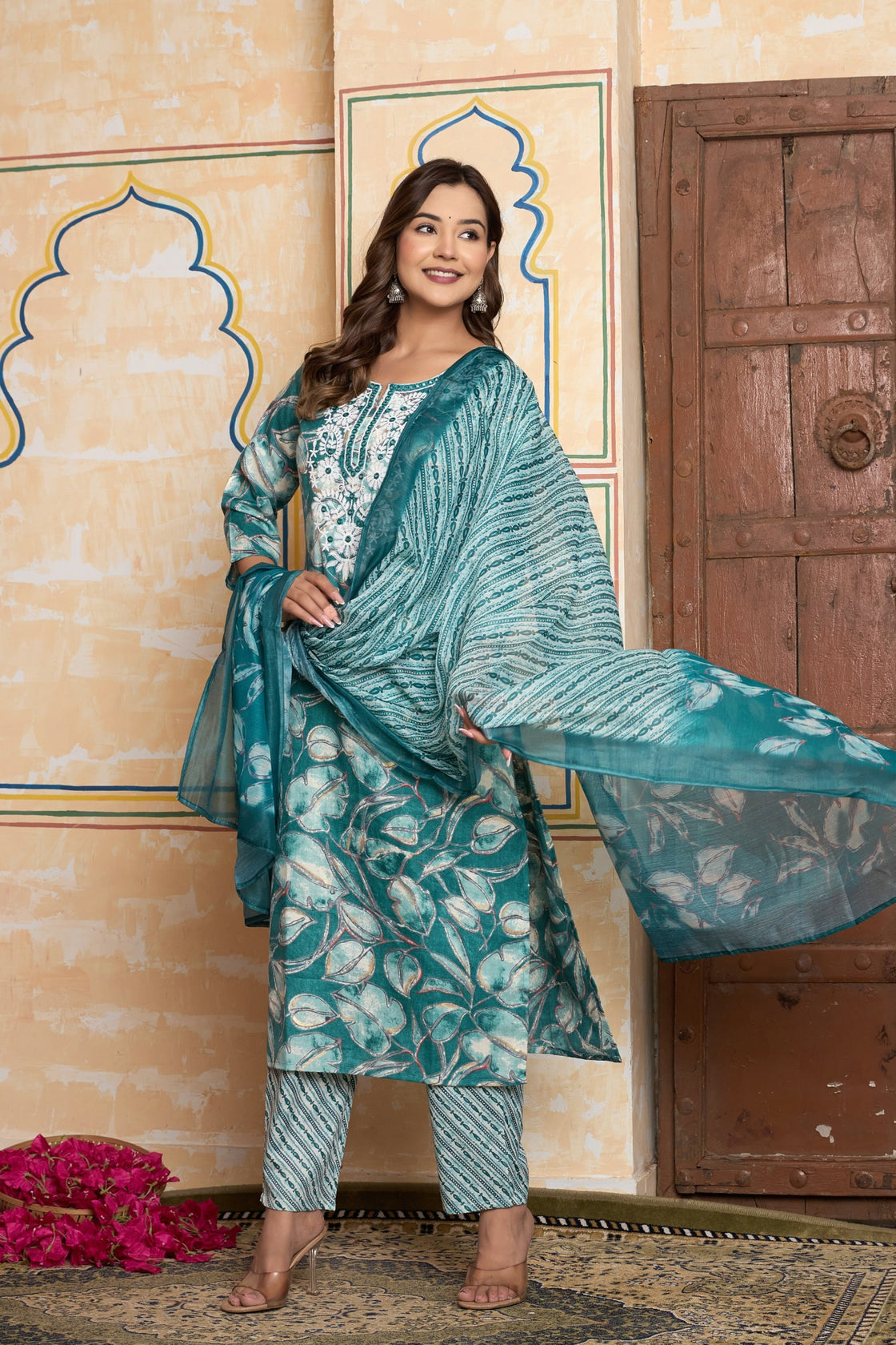 The Navra Teal Green Abstract Floral Chanderi Cotton Kurta Set with Embroidery