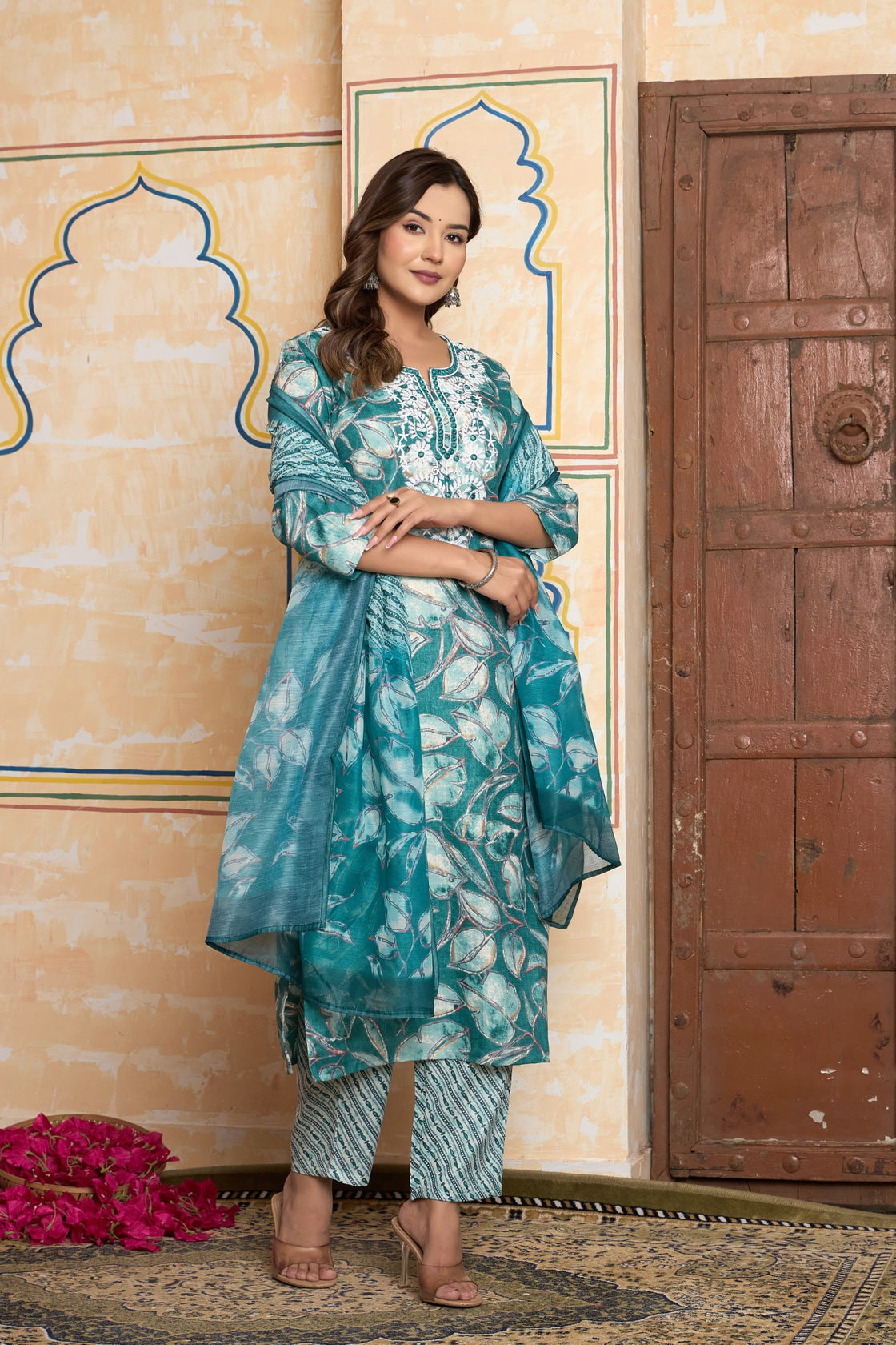 The Navra Teal Green Abstract Floral Chanderi Cotton Kurta Set with Embroidery