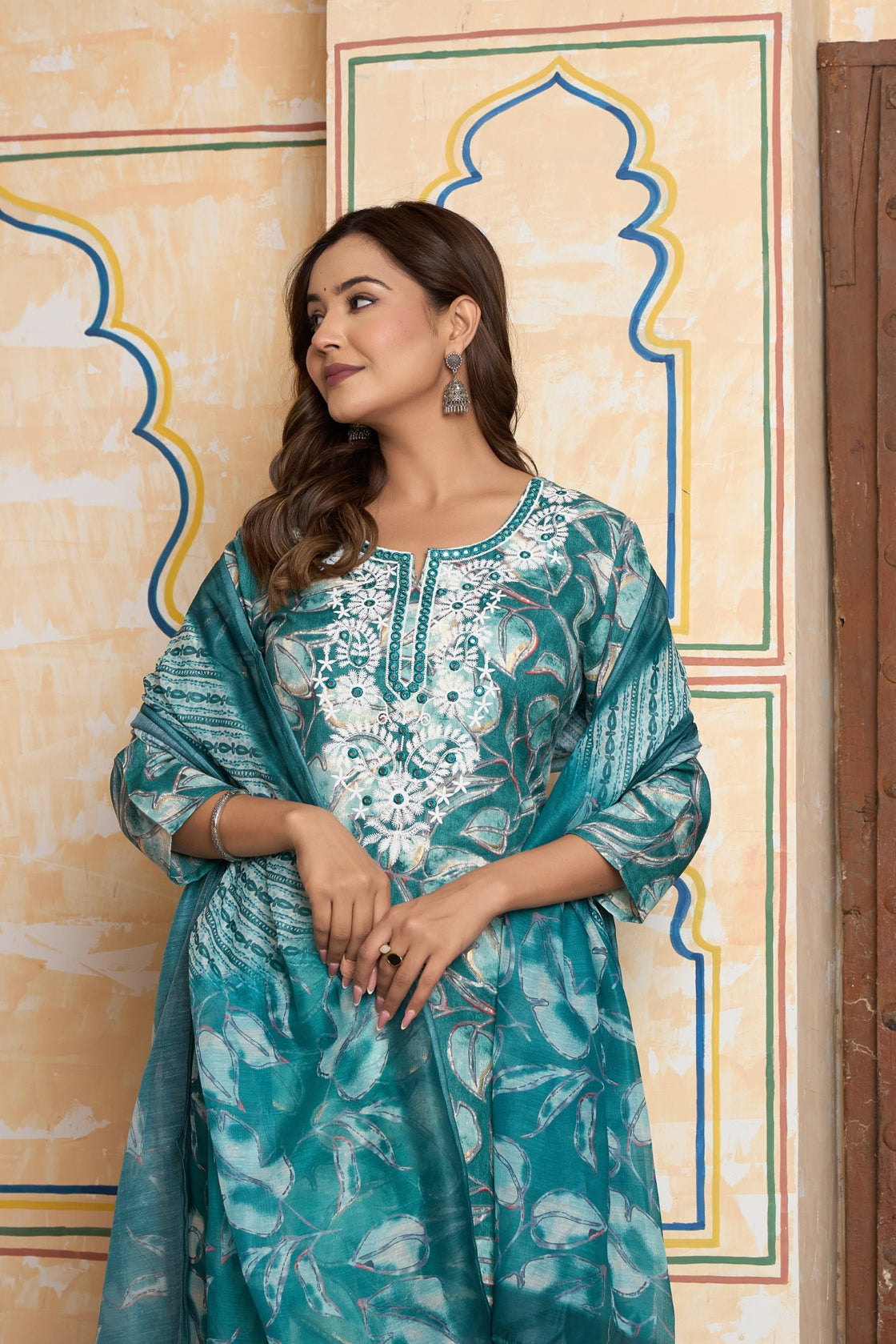 The Navra Teal Green Abstract Floral Chanderi Cotton Kurta Set with Embroidery
