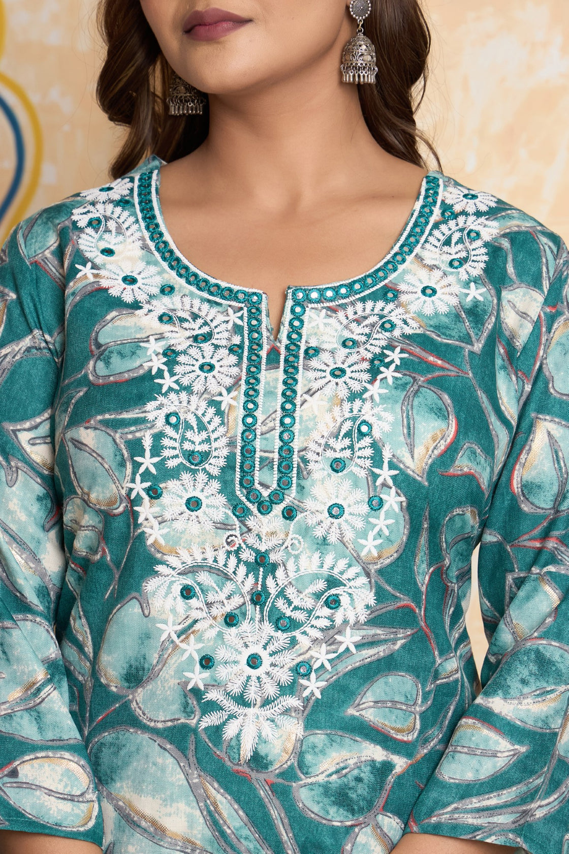 The Navra Teal Green Abstract Floral Chanderi Cotton Kurta Set with Embroidery