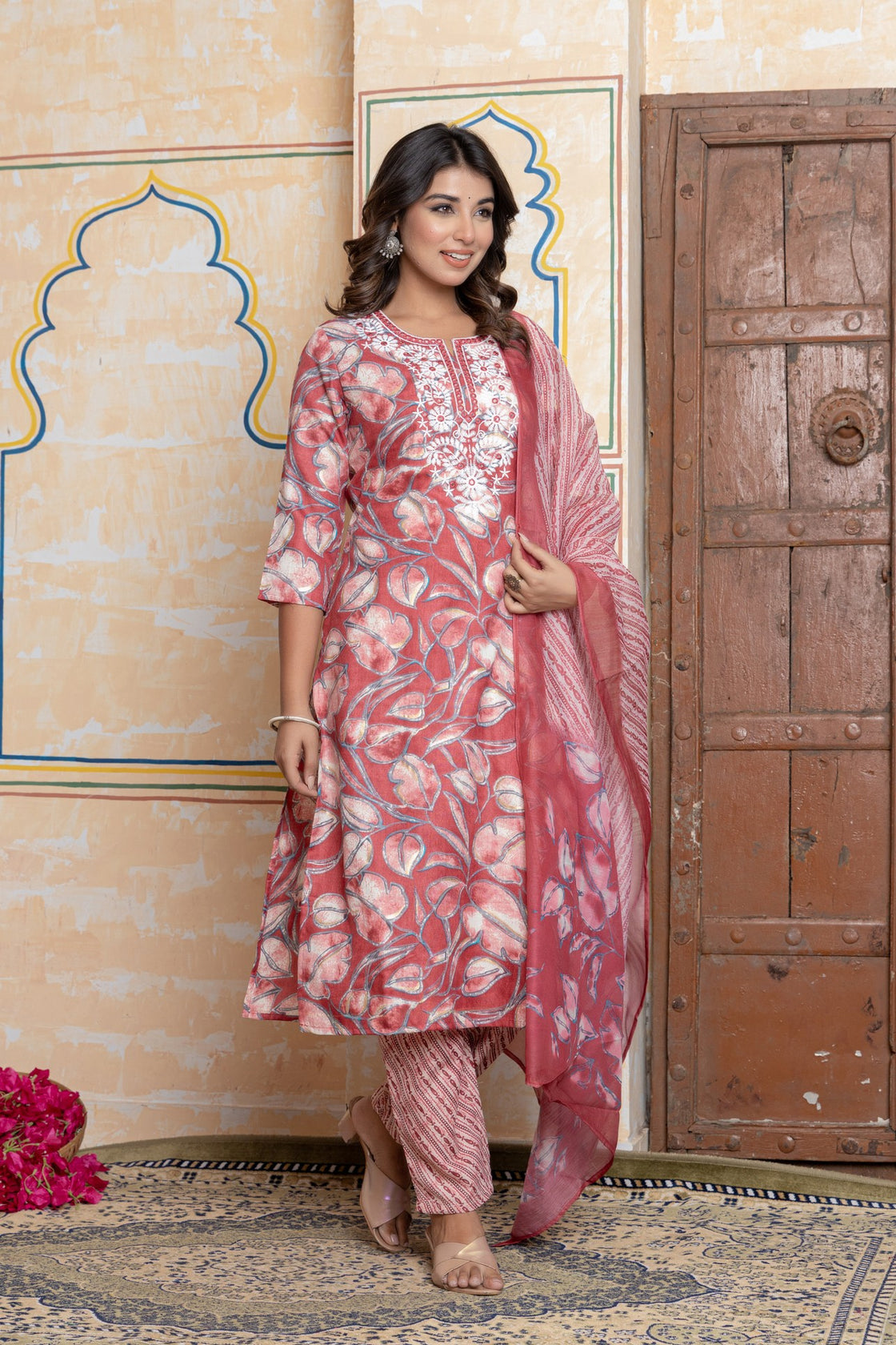 The Navra Deep Rose Floral & Leheriya Print Cotton Kurta Set with Embroidery