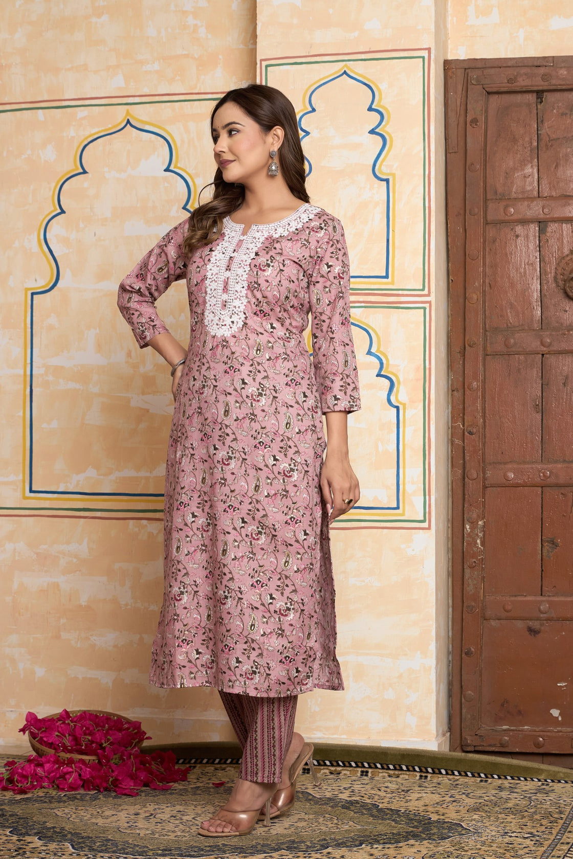 The Navra Rose Pink Floral Kurta Set with Festive Embroidery