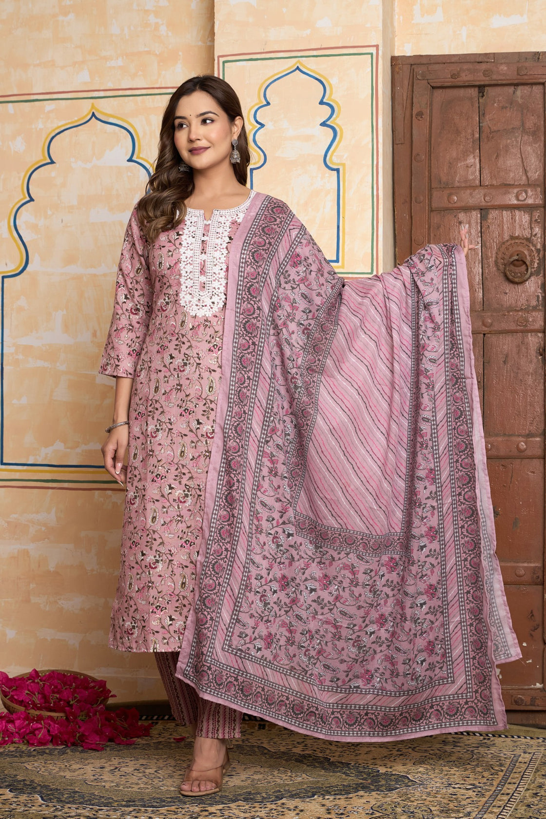 The Navra Rose Pink Floral Kurta Set with Festive Embroidery