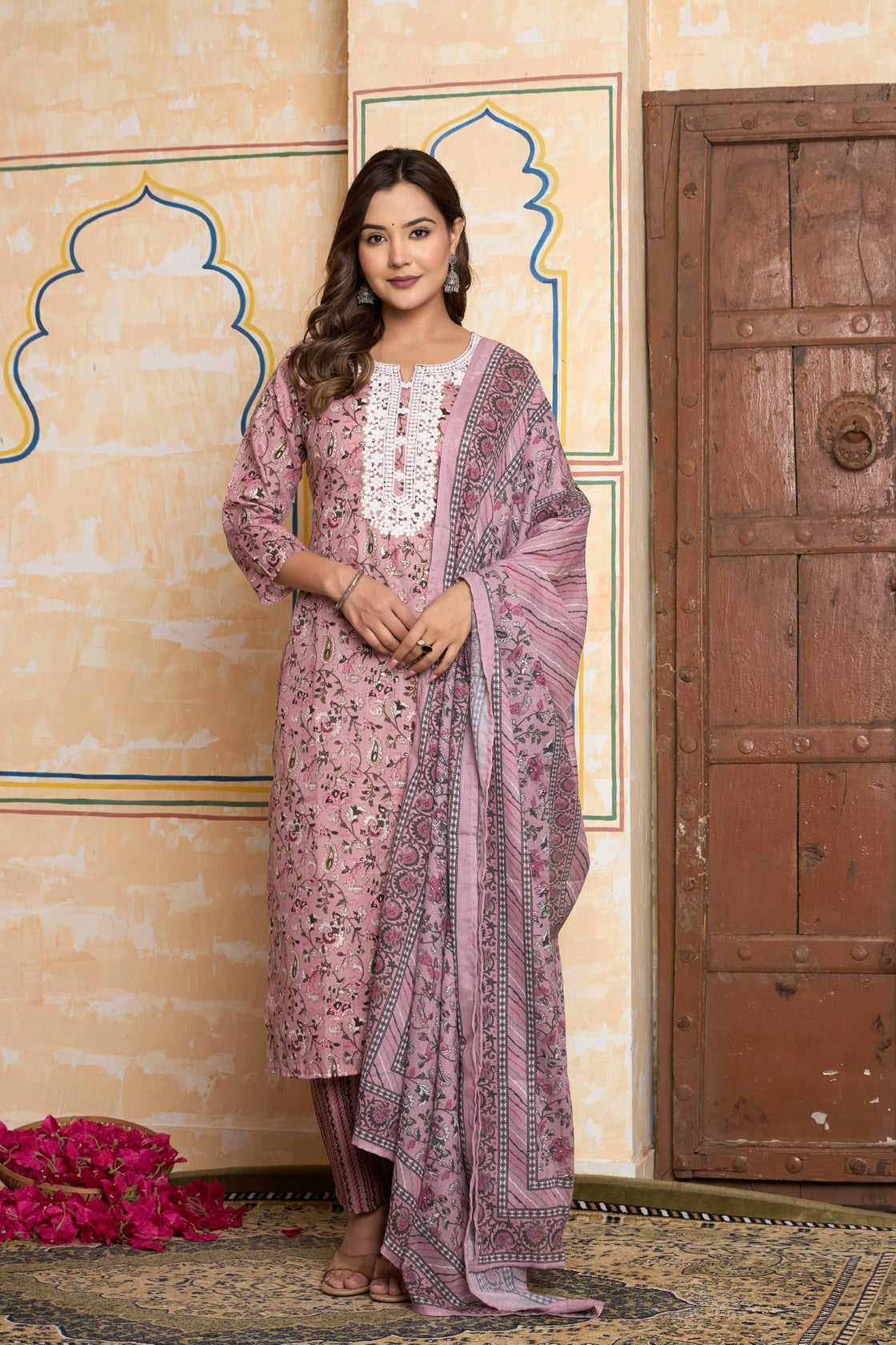 The Navra Rose Pink Floral Kurta Set with Festive Embroidery