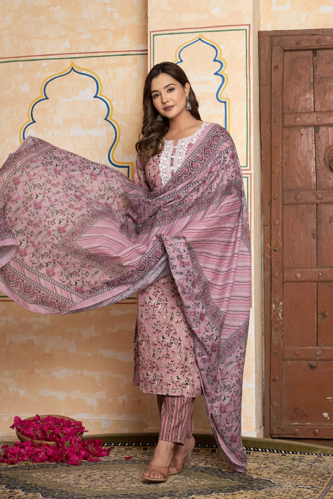 The Navra Rose Pink Floral Kurta Set with Festive Embroidery